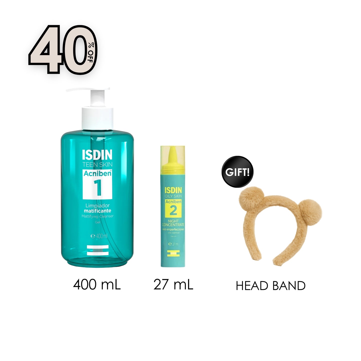 Acniben Facial Gel Cleanser 400 ML + Anti-Blemish Night Concentrate 27 ML + Free Gift Cozy Bear Headband