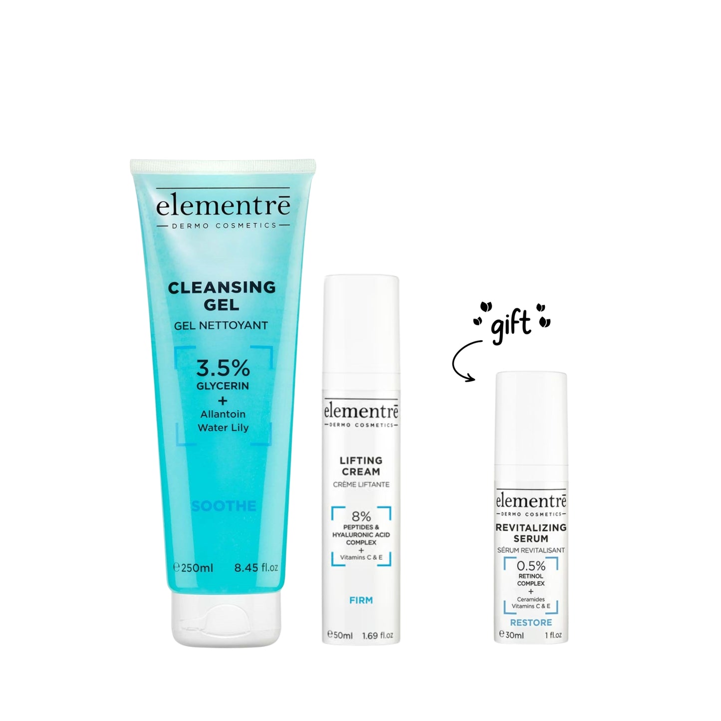 3.5% Glycerin Cleansing Gel 250 ML + 8% HA Peptide Complex Lifting Cream 50 ML + FREE 0.5% Revitalizing Serum 30 ML