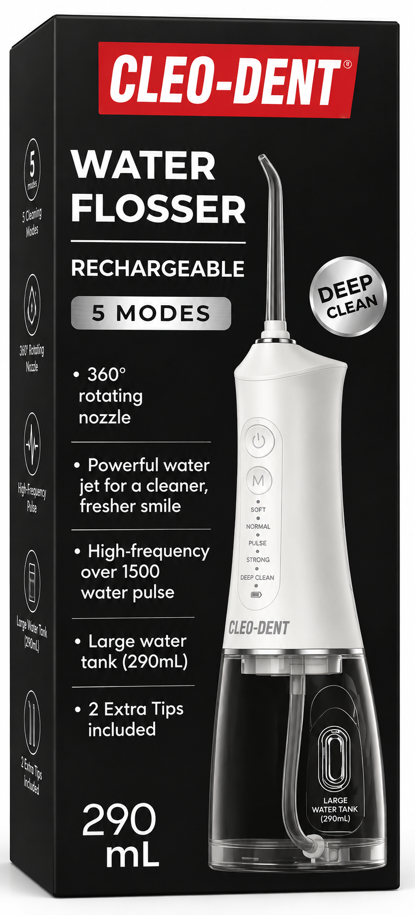 Cleo-Dent Rechargeable Water Flosser 5 Modes – 290ml