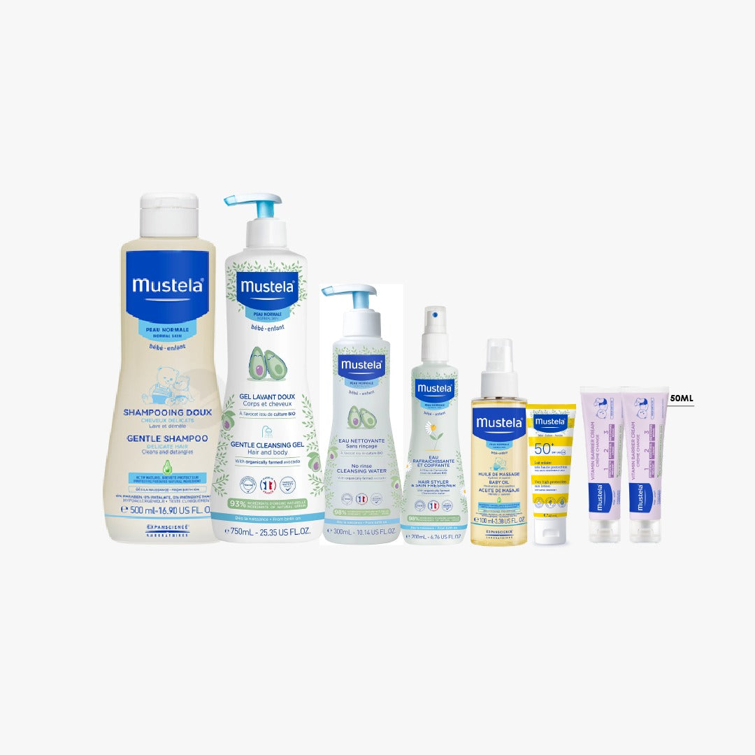 Baby Oil With Massage Oil 100ML + Gentle Cleansing Gel 750 ML +Gentle Shampoo 500 ML + No Rinse Cleansing Water 300 ML + Skin Freshener 200 ML + Very Hight Protection SPF50+ 100ML + 2x Vitamin Barrier Cream + Free Gifts