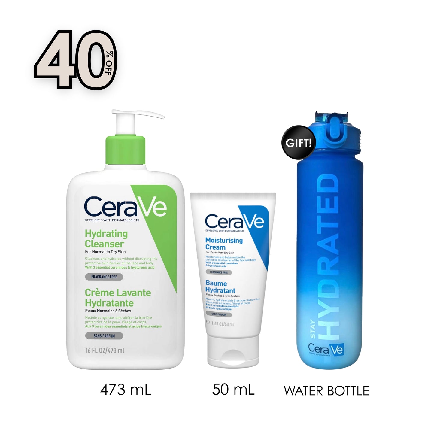 Hydrating Cleanser 473 ml + Moisturizing Cream + Free Water Bottle