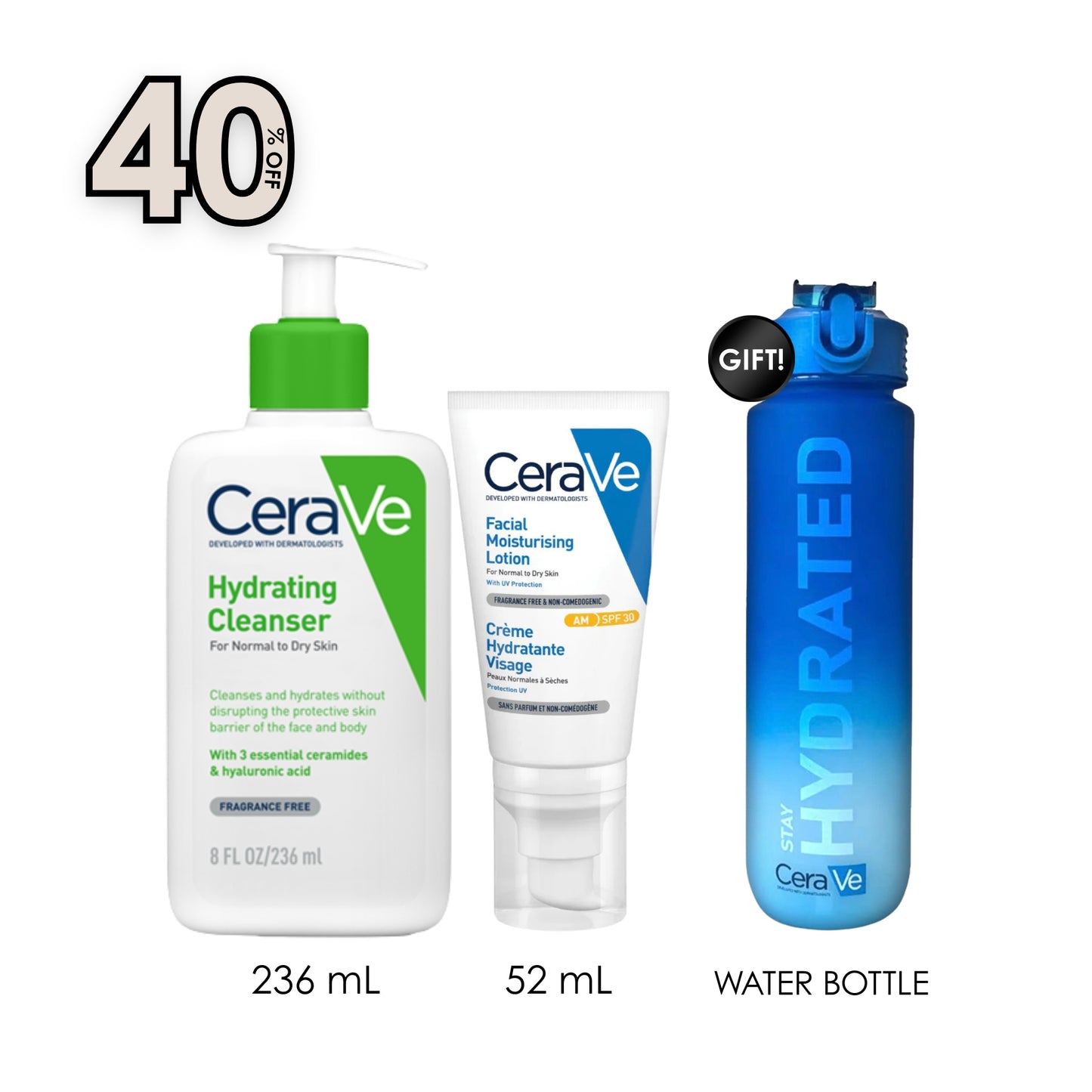 Hydrating Cleanser 236 ml + AM Facial Moisturizing Lotion SPF 30 + Free Water Bottle