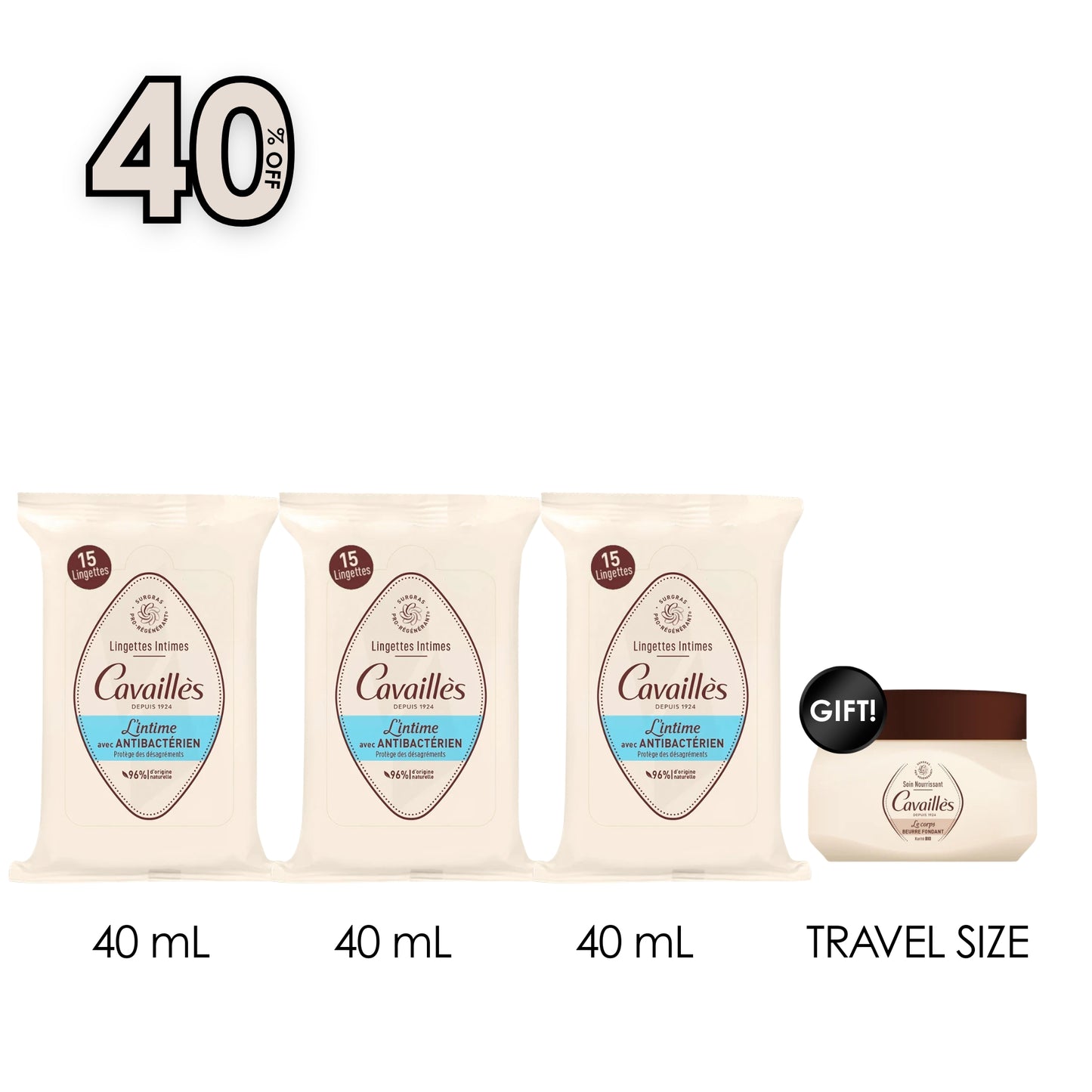 3 x Intimate Wipes with Antibacterial Agent - Daily Use - 15 Wipes + Free The Body Nourishing Melting Butter