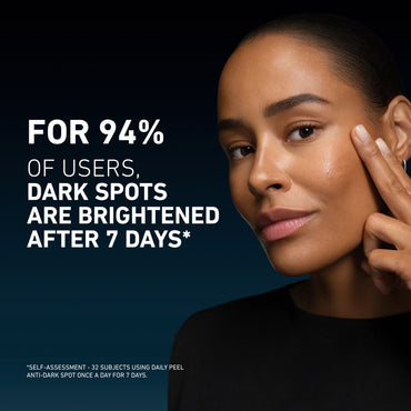 Woman applying skincare product with text about dark spot reduction on a dark background