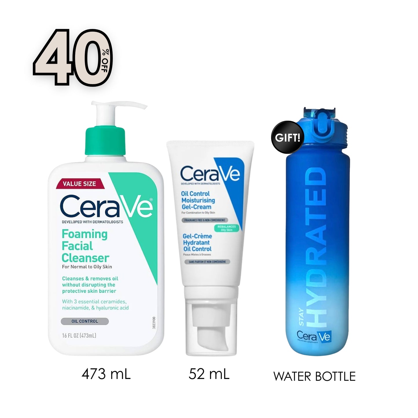 Foaming Cleanser - For Normal to Oily Skin 473 ml + Oil Control Moisturising Gel Cream 52ml + Free Water Bottle