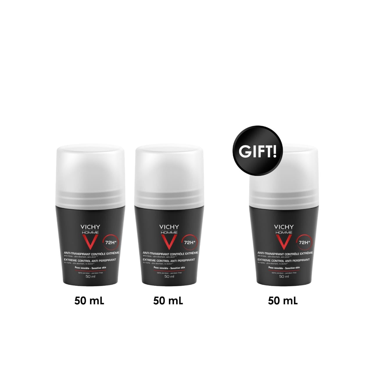 Vichy Homme Extreme Control 72H Anti-Perspirant Roll-On 3-Pack (2 + 1 Free)