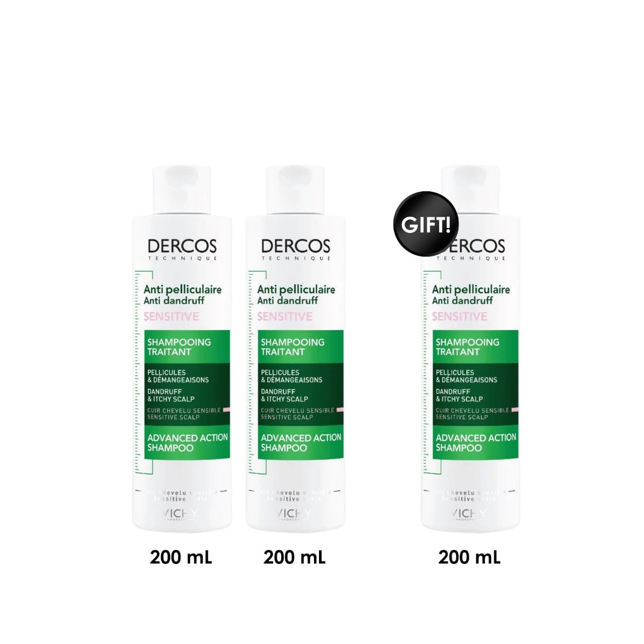 Dercos Anti-Dandruff Sensitive Advanced Action Shampoo 3-Pack (2 +1 Free)