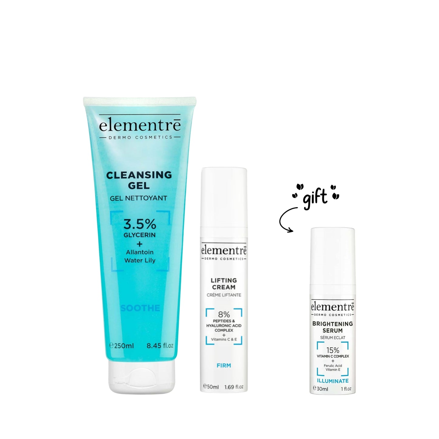 3.5% Glycerin Cleansing Gel 250 ML + 8% HA Peptide Complex Lifting Cream 50 ML + FREE 15% Vit. C Comp Ferulic + Vit E Brightening Serum 30 ML