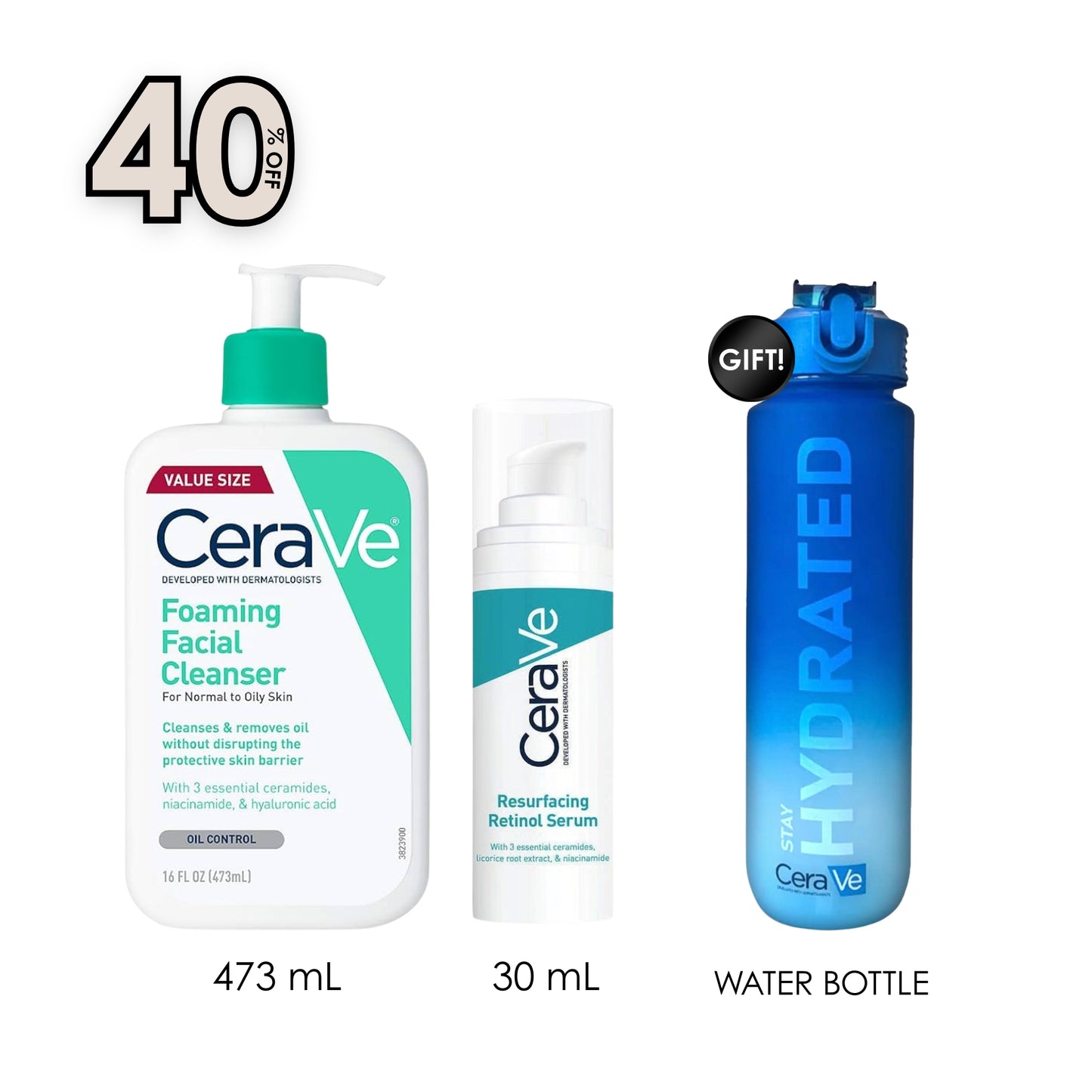 Foaming Cleanser - For Normal to Oily Skin - 473 ml + Resurfacing Retinol Serum 30mL + Free Water Bottle