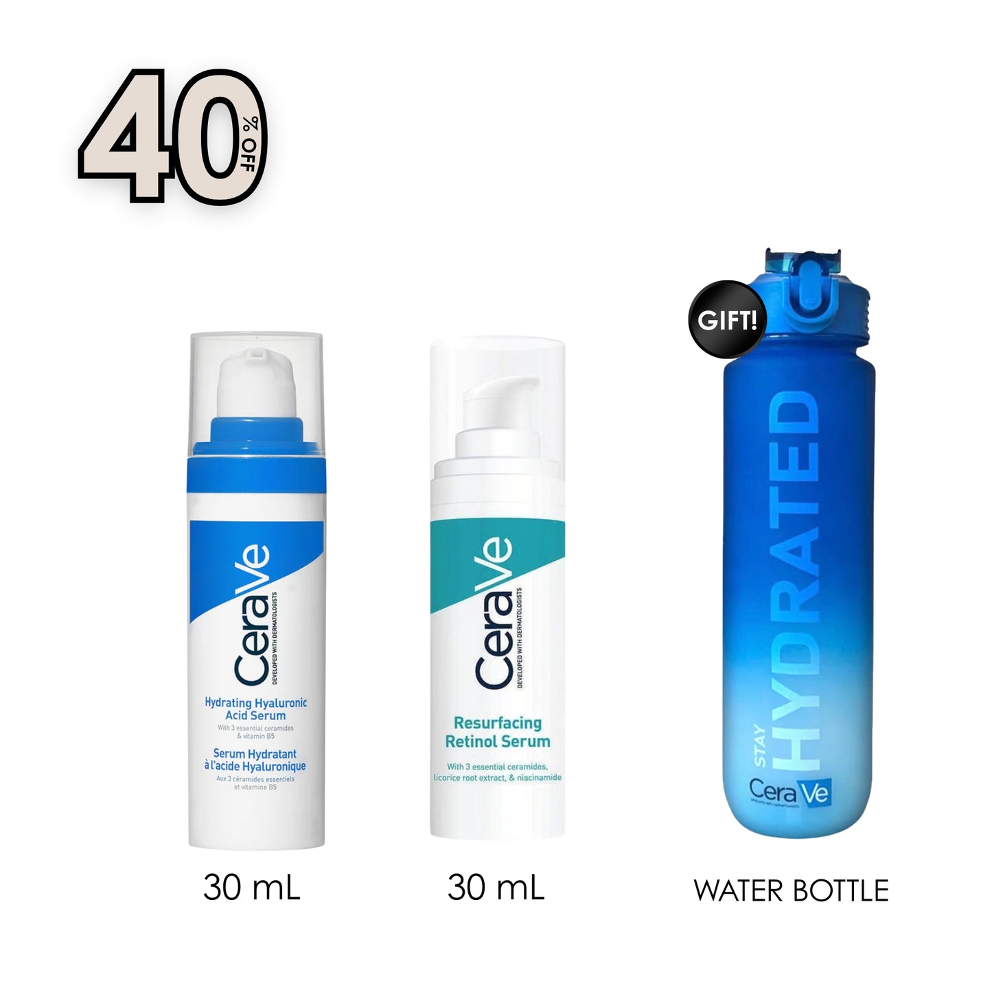 Hydrating Hyaluronic Acid Serum for Dry Skin 30mL + Resurfacing Retinol Serum 30mL + Free Water Bottle