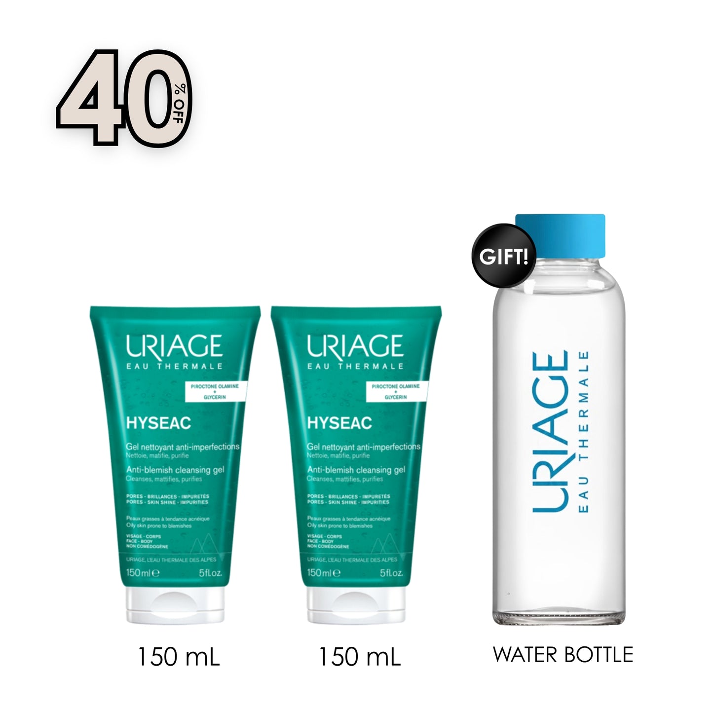 2x Hyséac Cleansing Gel 150 ML + Free Stay Hydrated with this Chic Water Bottle