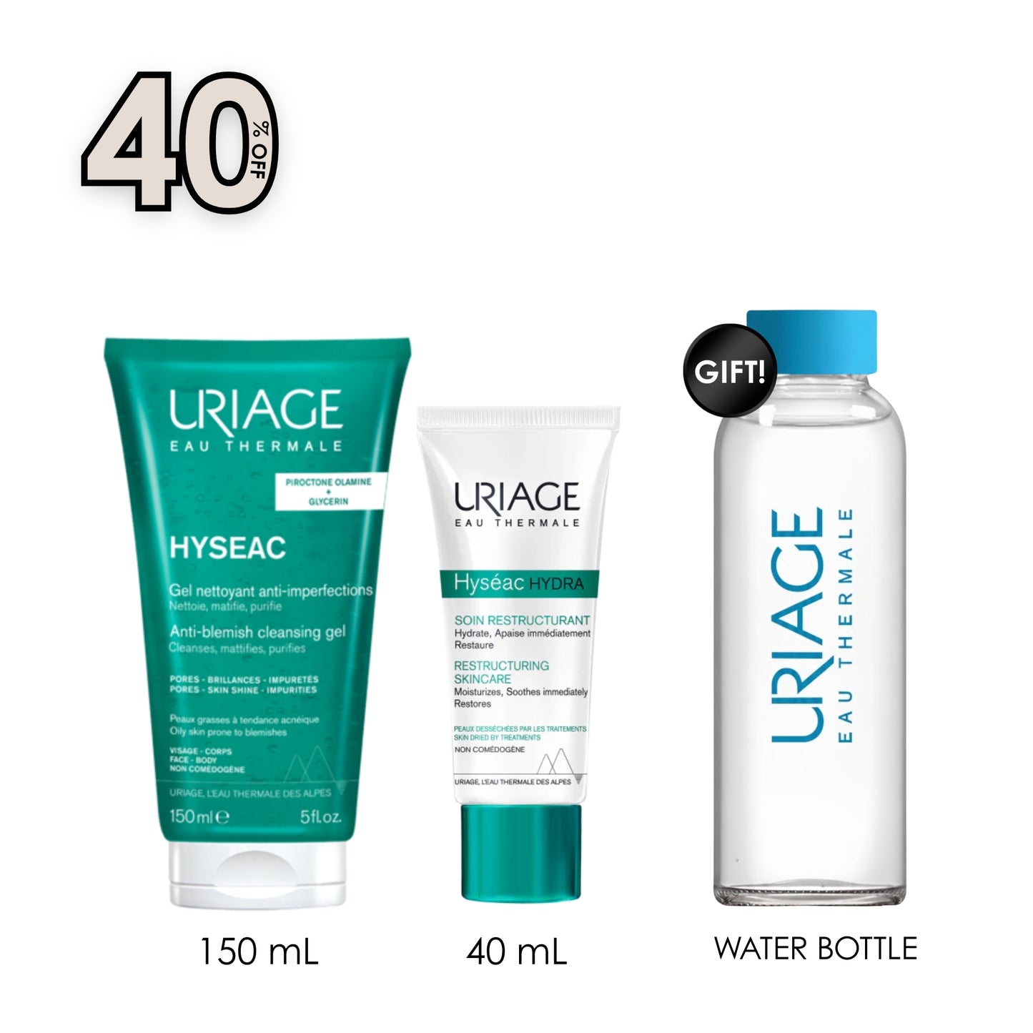 Hyséac Cleansing Gel 150 ML + Hyséac Hydra Restructuring Care 40 ML + Free Stay Hydrated with this Chic Water Bottle