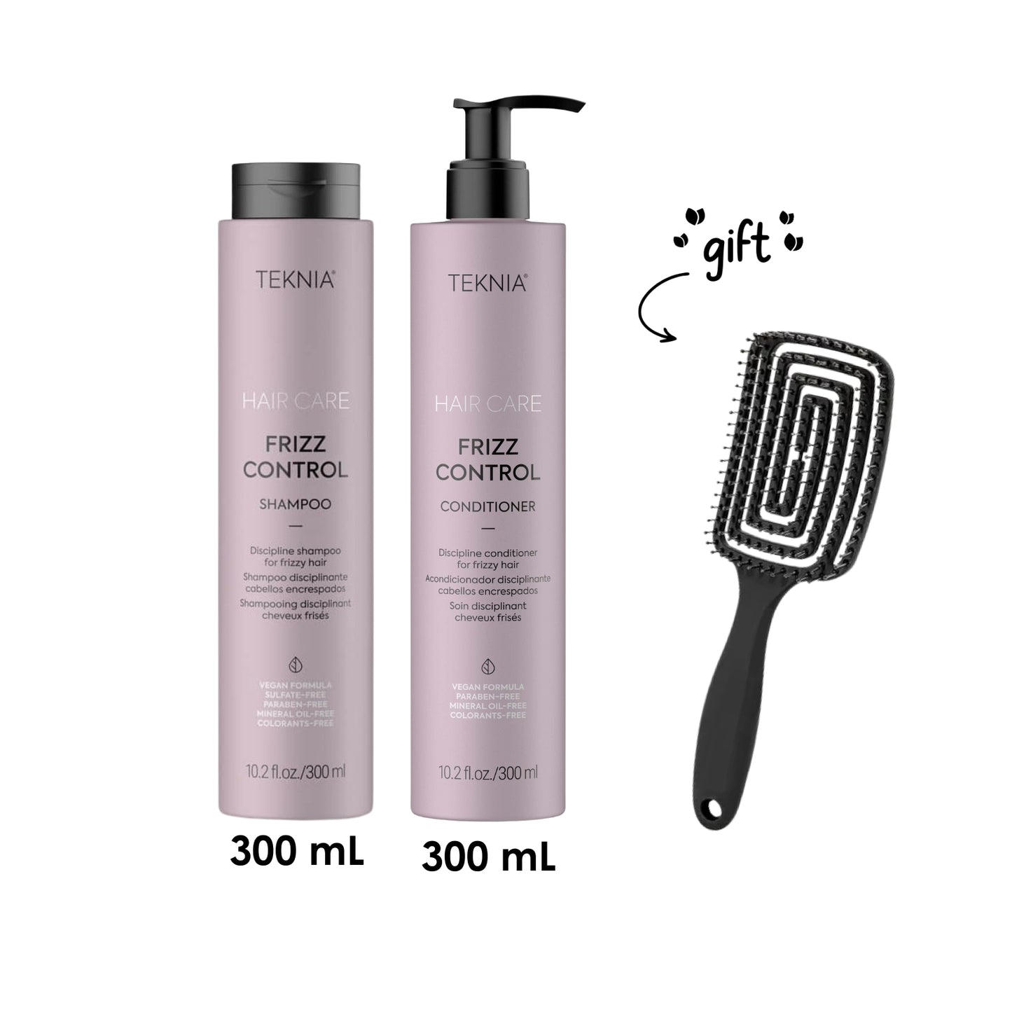 Teknia Frizz Control Shampoo 300 ML + Teknia Frizz Control Conditioner Leave in 300ML + Free Hairbrush