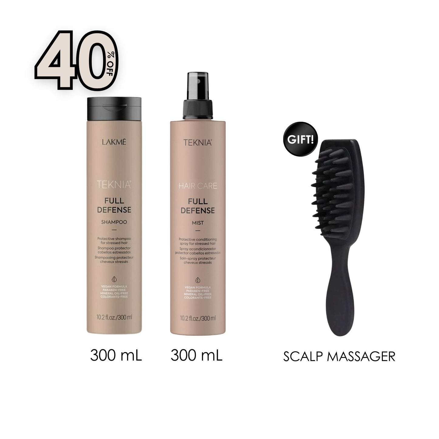 Teknia Full Defense Shampoo 300 ML + Full Defense Mist 300 ML + Free Gift Hand-Held Scalp Massager