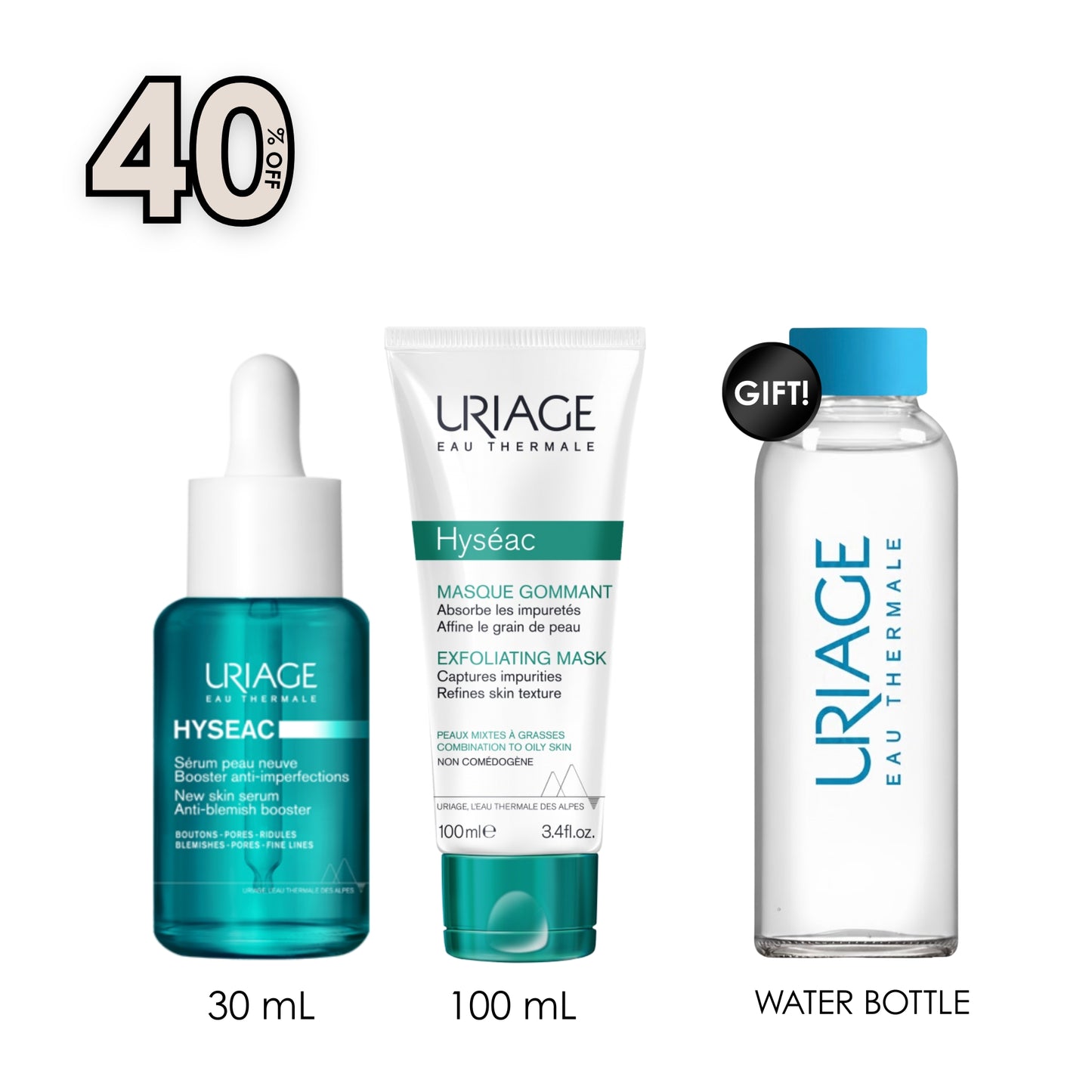 Hyseac New Skin Serum Anti-Blemish Booster + Hyséac Exfoliating Mask 100 ML + Free  Stay Hydrated with this Chic Water Bottle