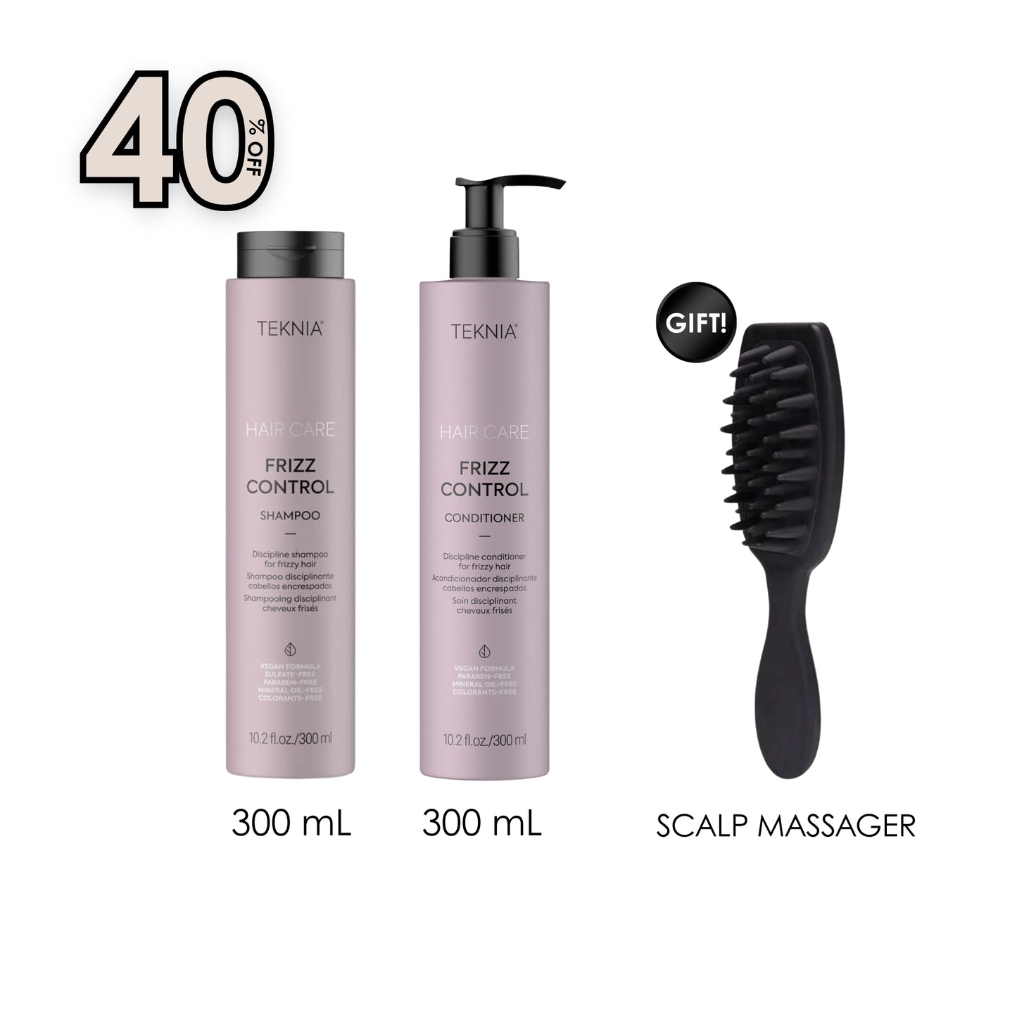 Teknia Frizz Control Shampoo 300 ML + Frizz Control Conditioner Leave-In 300 ML + Free Gift Hand-Held Scalp Massager