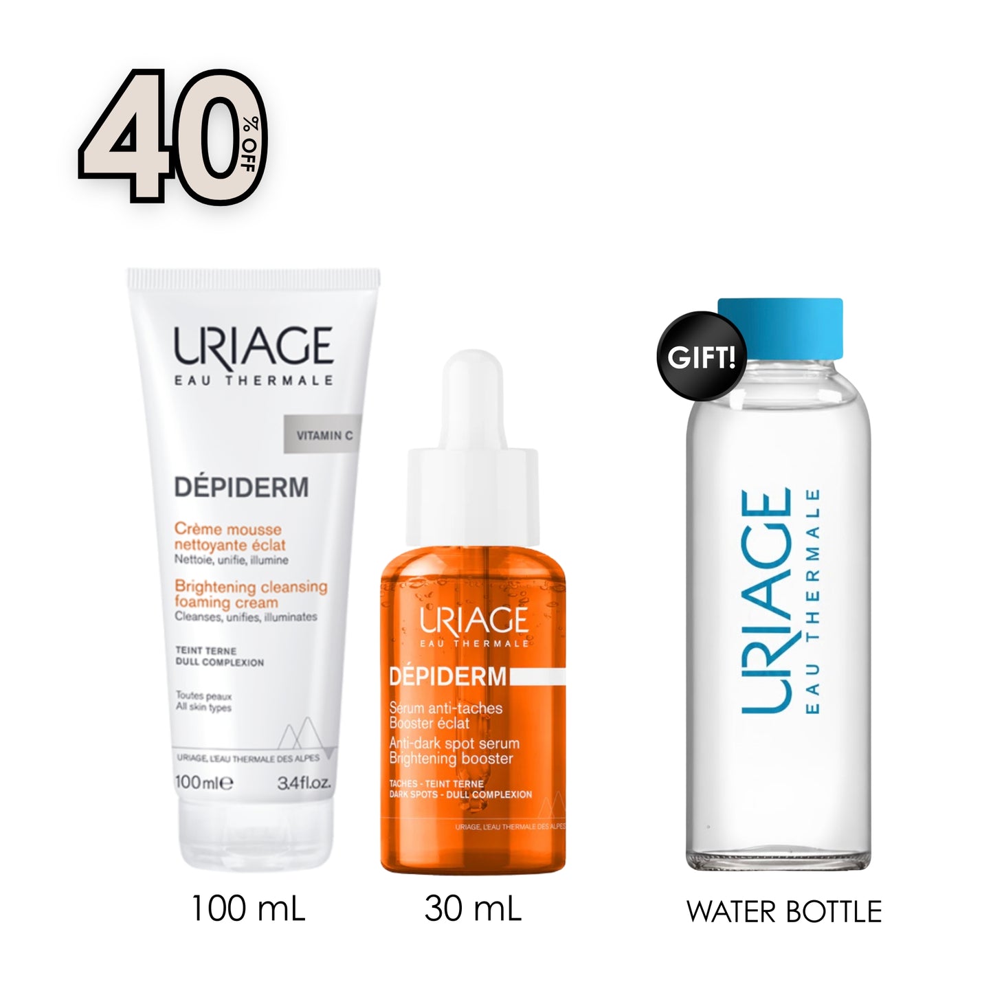 Dépiderm Brightening Cleansing Foaming Cream + Dépiderm Anti-Dark Spot Serum Brightening Booster 30 ML + Free Stay Hydrated with this Chic Water Bottle