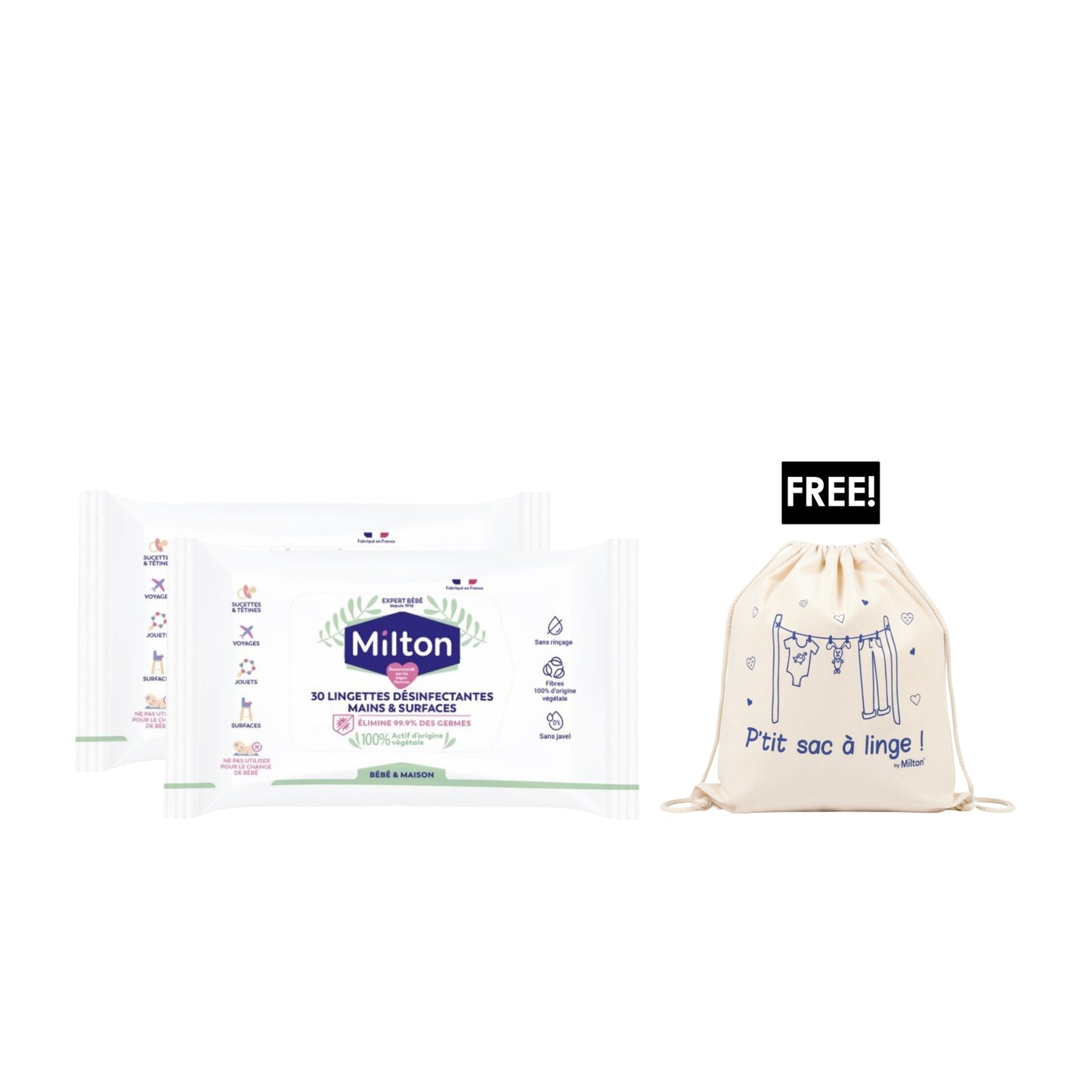 2 x 30 Lingettes Désinfectantes De Surface + Free Bag