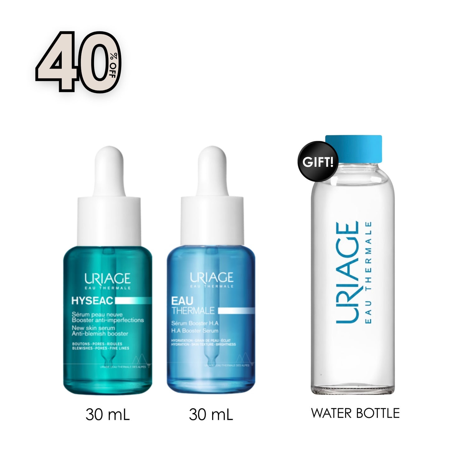 Eau Thermale H.A. Booster Serum + Hyseac New Skin Serum Anti-Blemish Booster + Free Stay Hydrated with this Chic Water Bottle