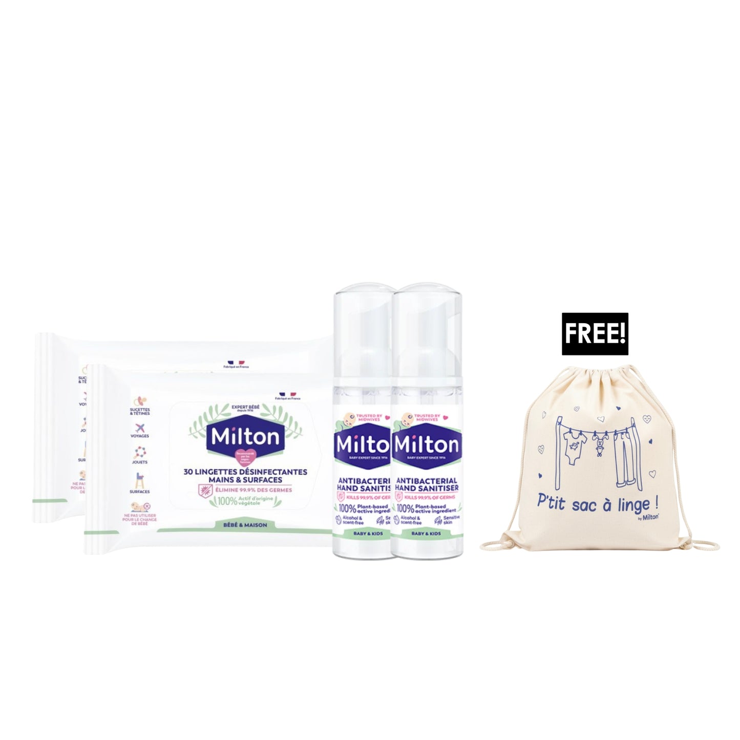 2 x 30 Lingettes Désinfectantes De Surface + 2 x Milton Hand Foam + Free Bag
