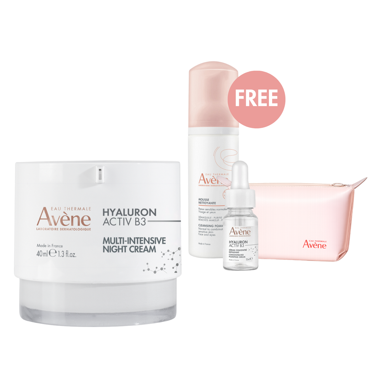 Avène Hyaluron Activ B3 Multi-Intensive Night Cream 40 ml Bundle + FREE 10mL Hyaluron Activ B3 Serum + Cleansing Foam & Toiletry Bag