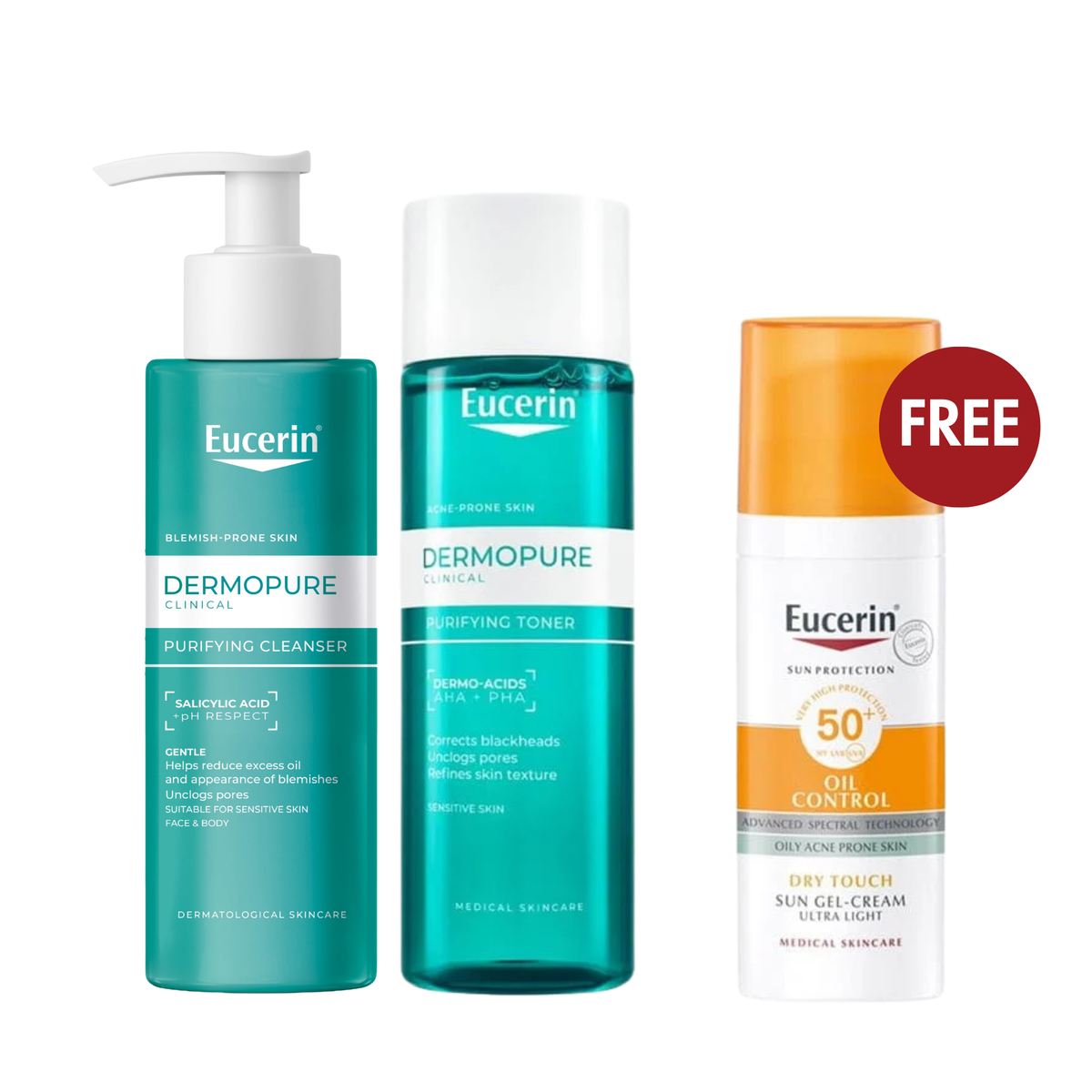 Eucerin DermoPure Clinical Purifying Cleanser 400ml + Purifying Toner 200ml + FREE Sun Oil Control SPF50+ 50ml