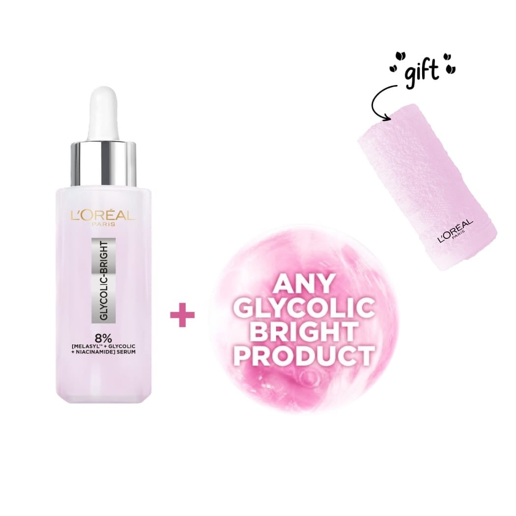 Glycolic Bright Serum + Any Glycolic Bright product +
FREE Pink Towel