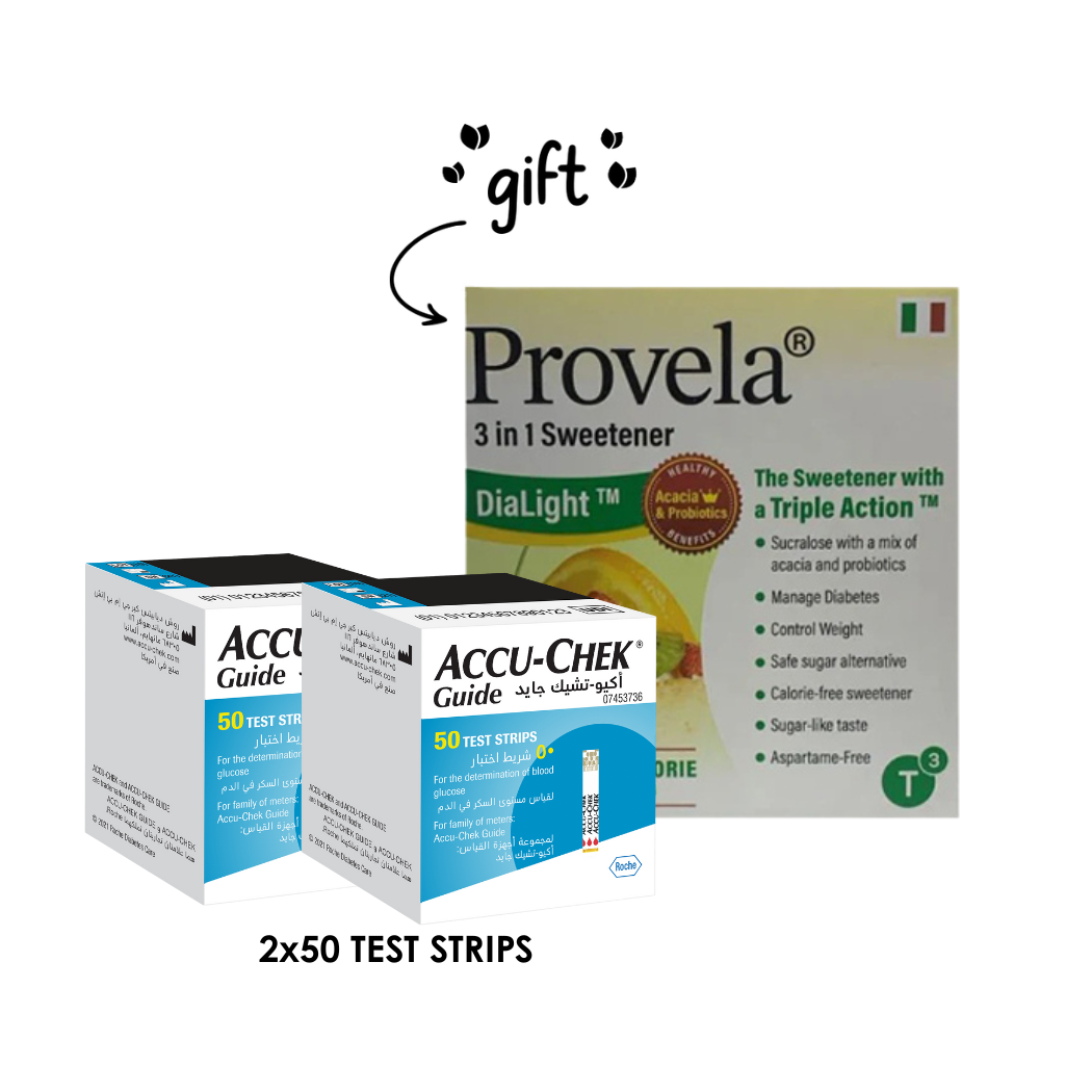 2x Accu-Chek Guide Test Strips (2x50 strips) + FREE Provela 3in1 Sweetener (50 sachets)
