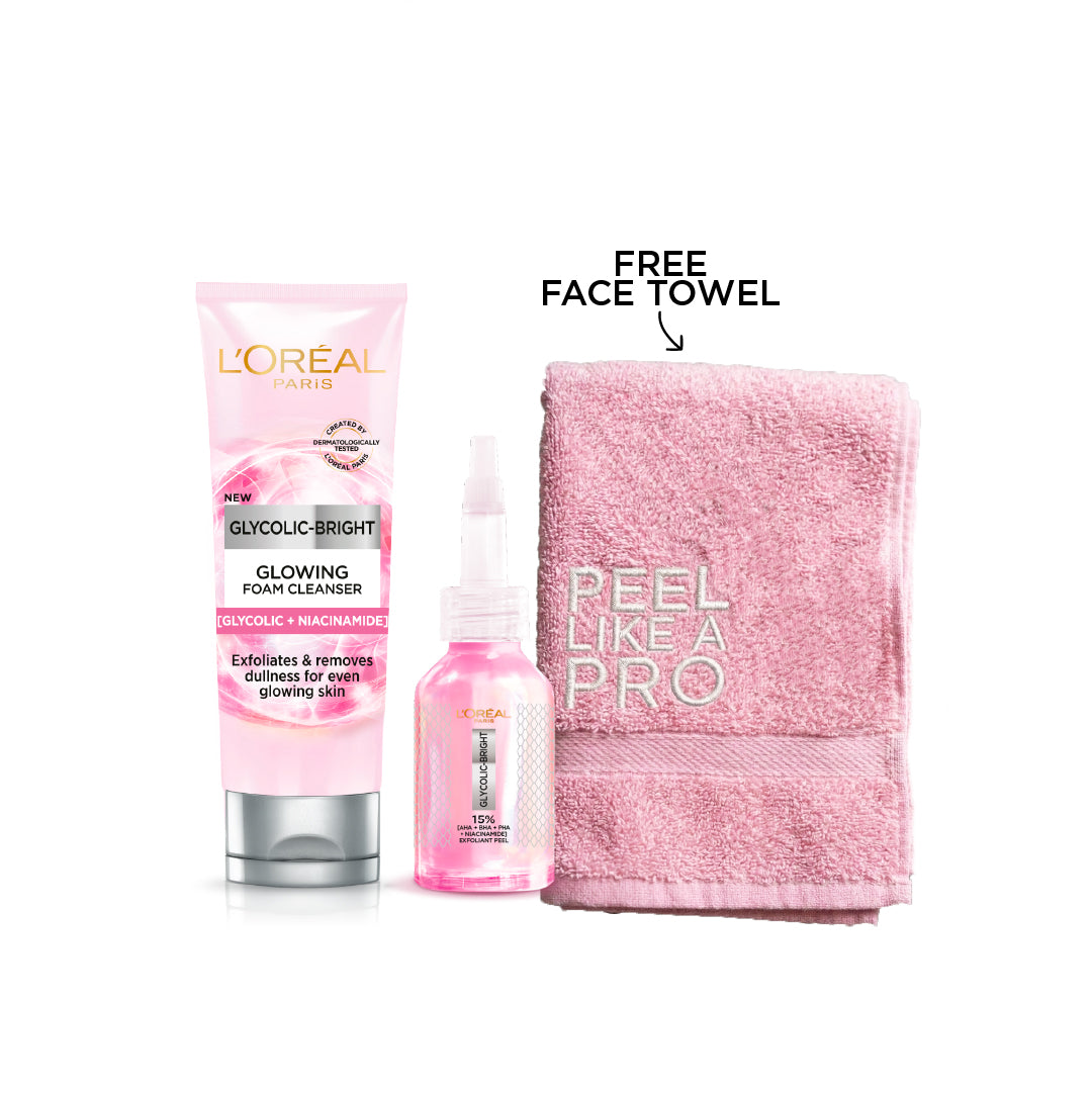 Glycolic Bright Anti-Dark Spot Exfoliant Peel 25 ML + Glycolic Bright Instant Glowing Face Wash 100 ML + Gift - Glyco Pink Face Towel