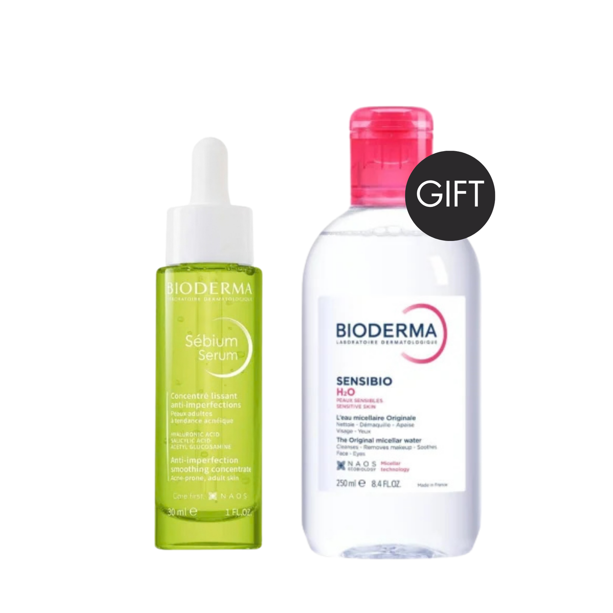 Bioderma Sébium Serum 30ml beside a free Sensibio H2O Micellar Water 250ml, marked with a gift badge on a white background.