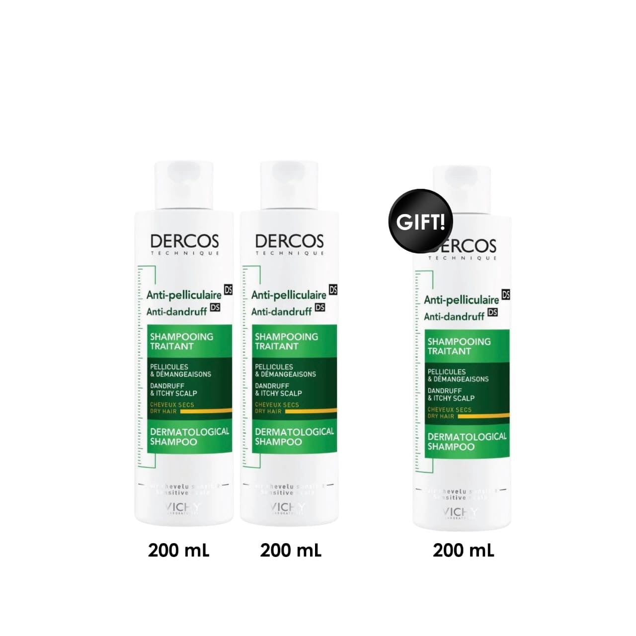 Dercos Anti-Dandruff Shampoo for Dry Hair 3-Pack (2 +1 Free)