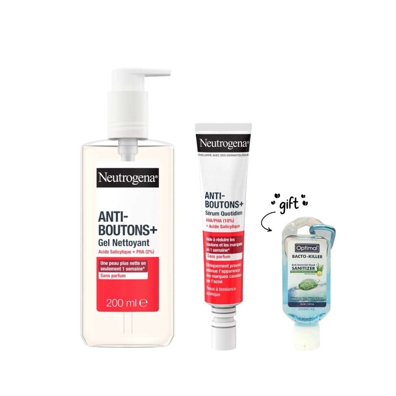 Anti-Boutons+ Gel Cleanser 200ML+ Anti-Bouton + AHA/PHA and Salicylic Acid Serum 30ml + Free Clip & Clean Optimal Bacto-Killer Attachable Hand Sanitizer