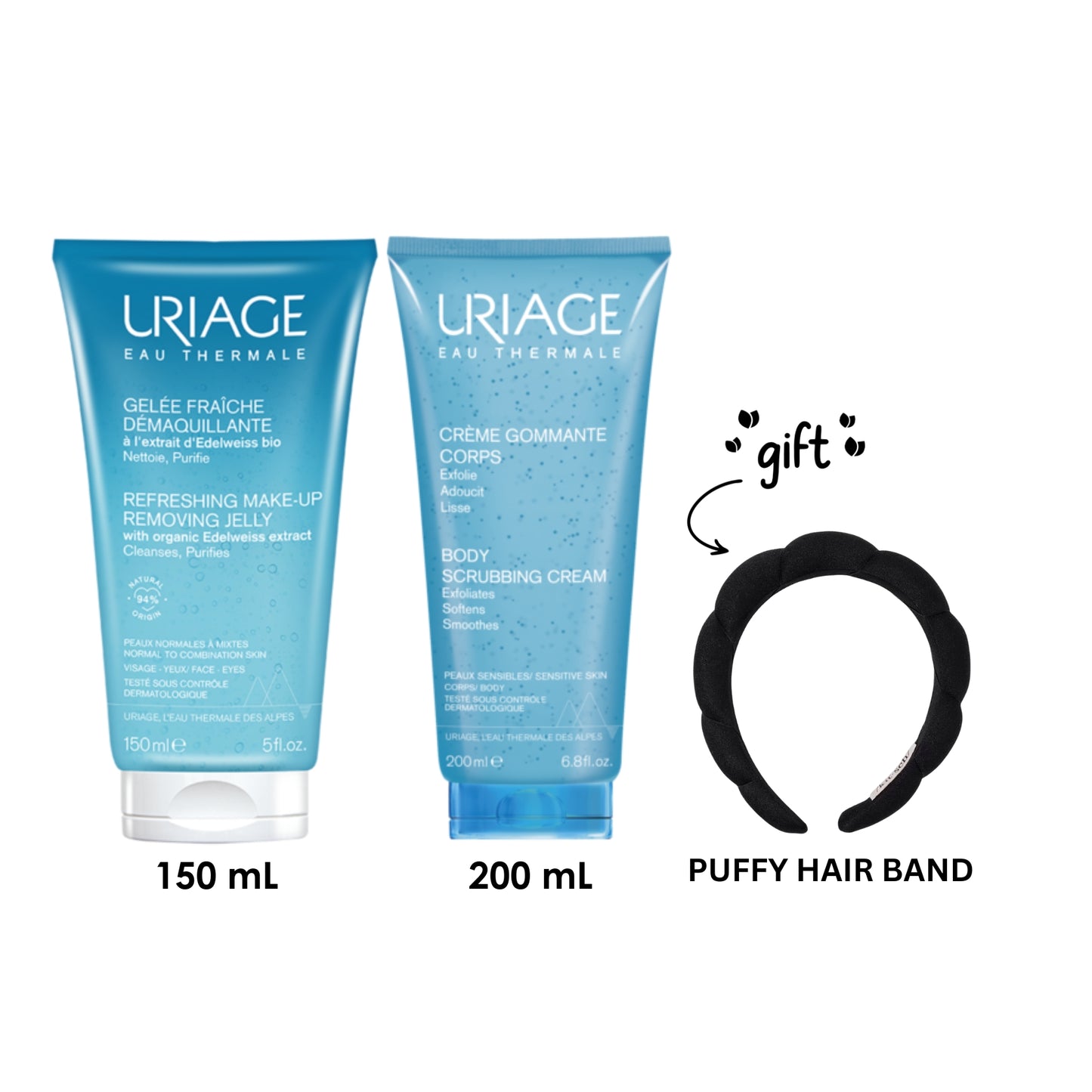 Eau Thermale Refreshing Make Up Removing Jelly + Body Scrubbing Cream - Sensitive Skin + FREE Headband