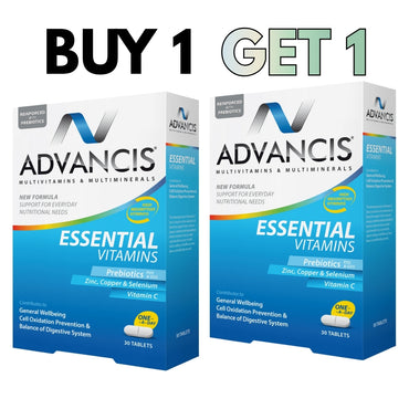 Two boxes of Advancis Essential Vitamins with promotional text 'Buy 1 Get 1' on a white background.