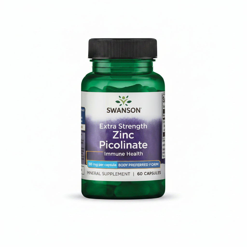 Swanson Extra Strength Zinc Picolinate supplement bottle on a white background