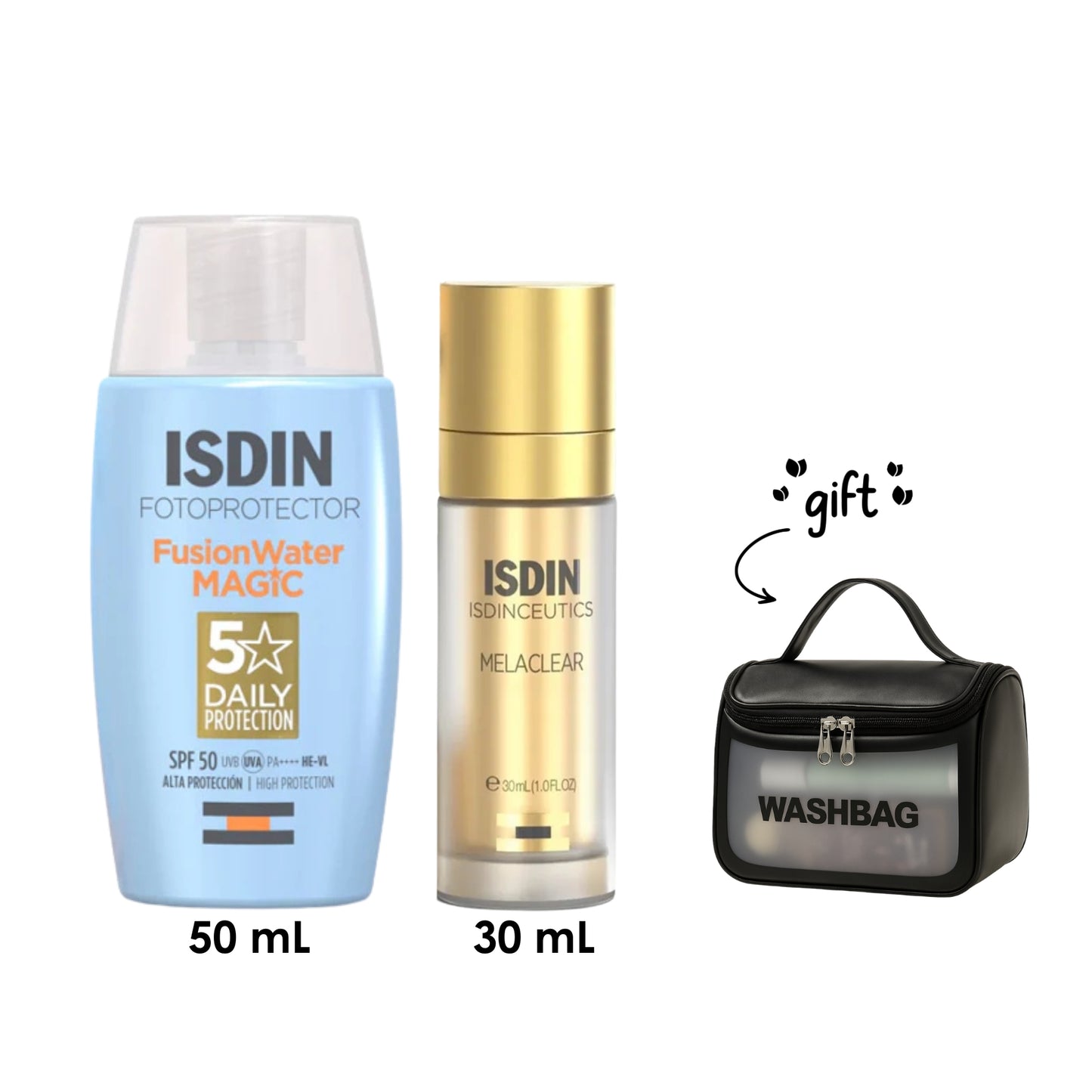 Fotoprotector Fusion Water Magic SPF50+ 50 ML + Isdinceutics Brighten Melaclear Serum + Free Wash Bag