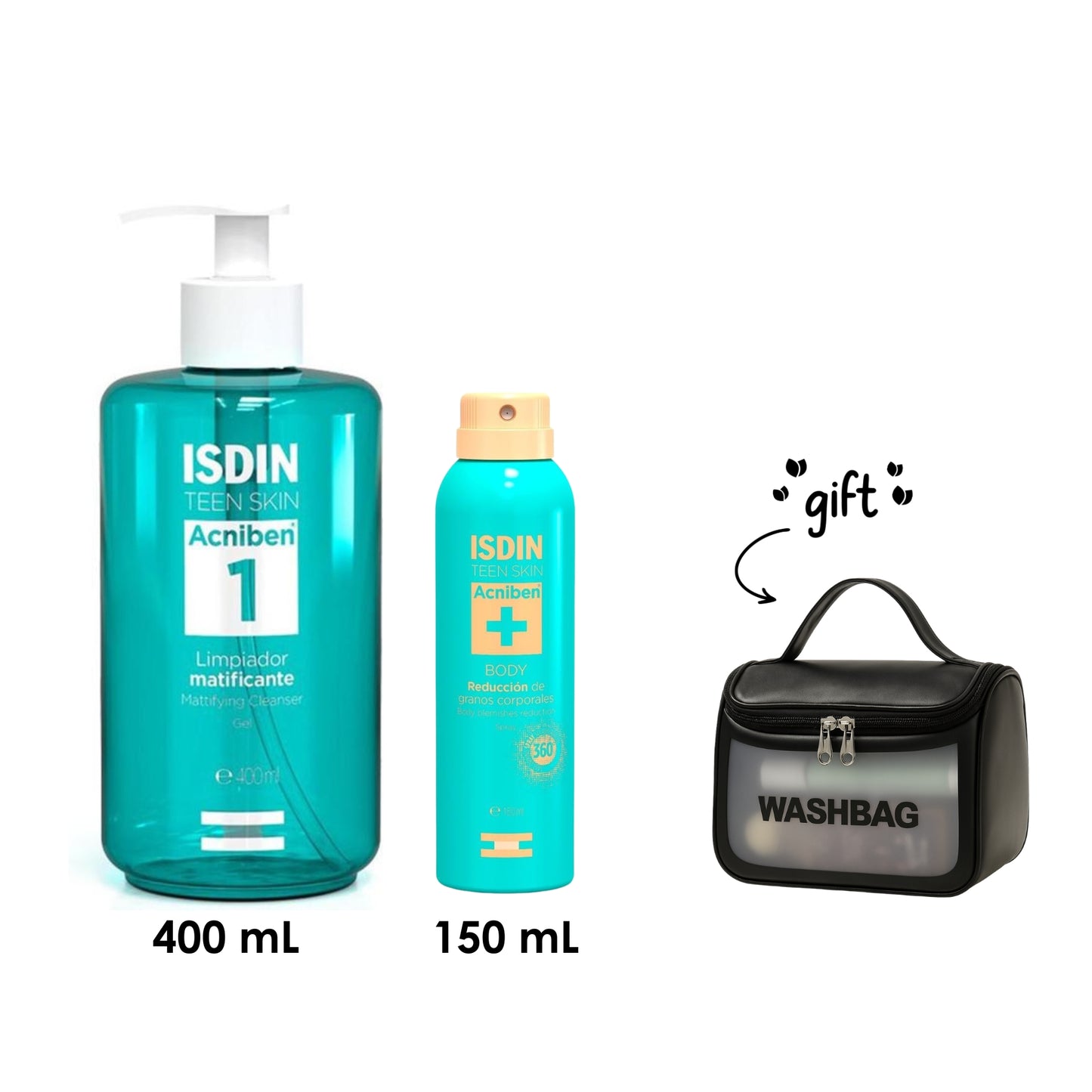 Acniben Facial Gel Cleanser 400 ML + Acniben Body Spray 150 ML + Free Wash Bag