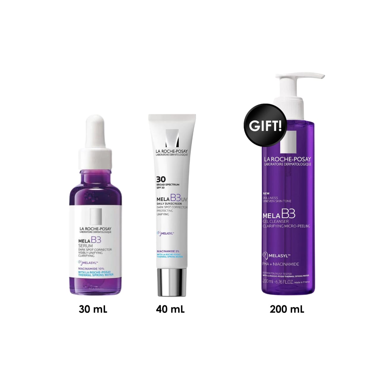Mela B3 Dark Spot Serum With Melasyl™ + Niacinamide + Mela B3 UV Daily Moisturizer SPF 30 With Melasyl™ + Niacinamide + Free Mela B3 Facial Gel Cleanser With Melasyl™ + Niacinamide