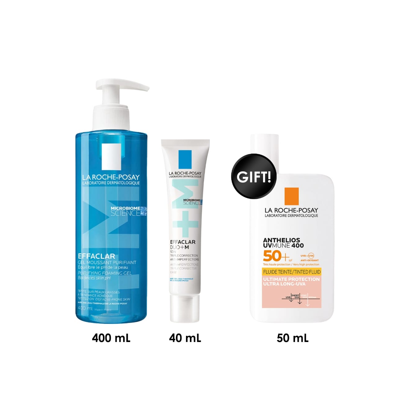 Effaclar DUO+M Anti-Imperfections Triple Corrective Care + Effaclar Purifying Foaming Gel for Oily Sensitive Skin 400 ml + Free Anthelios UvMune 400 Invisible Tinted Fluid SPF50+