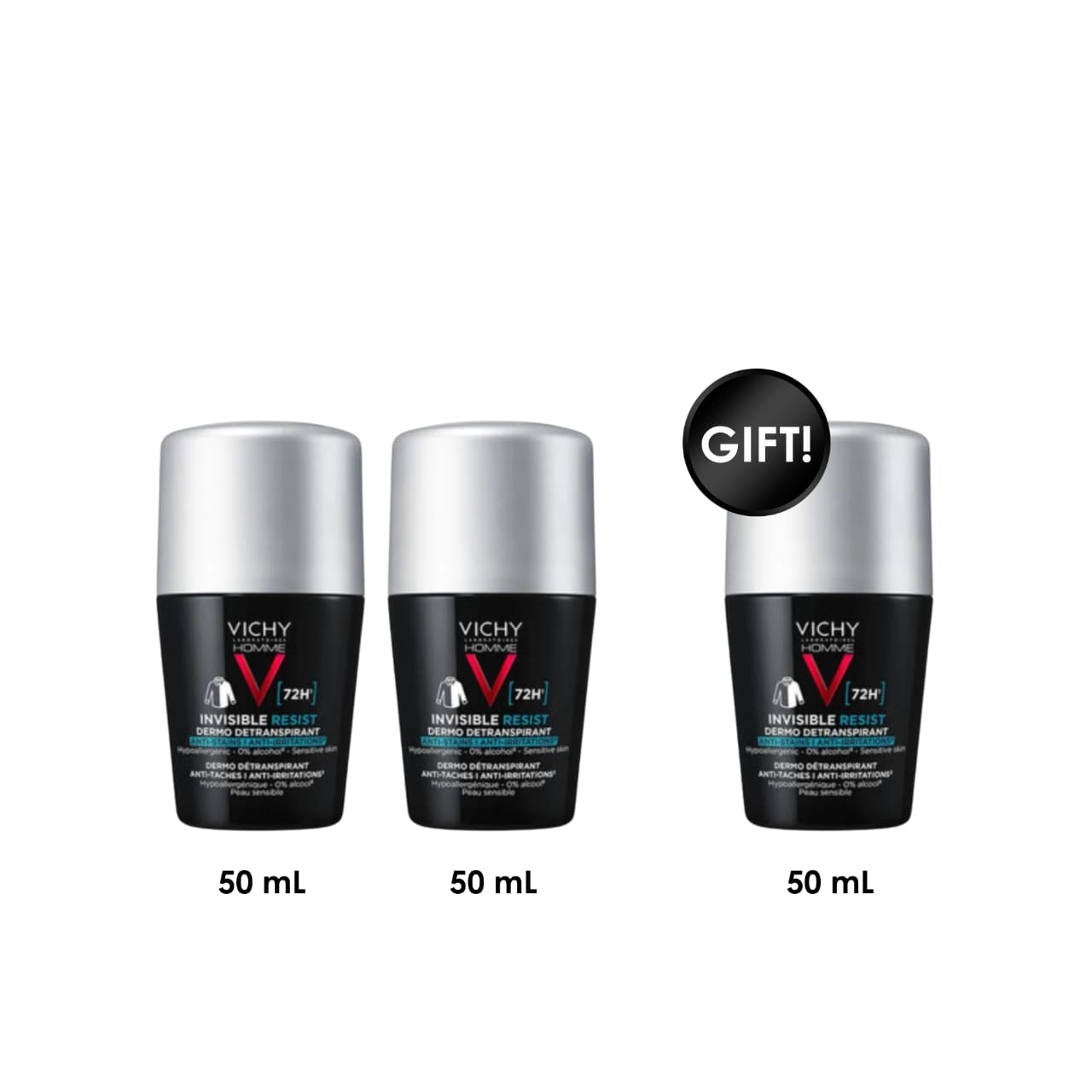Vichy Homme Invisible Resist 72H Antiperspirant Roll-On 3-Pack (2 + 1 Free)