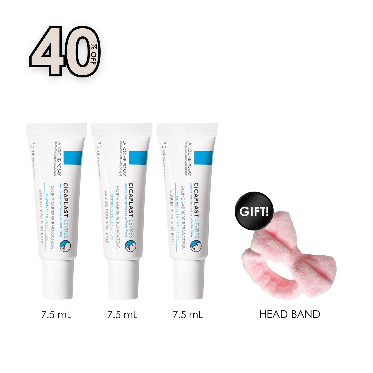 3 x Cicaplast Levres Moisturiser for Dry Lips + Free Pink Headband