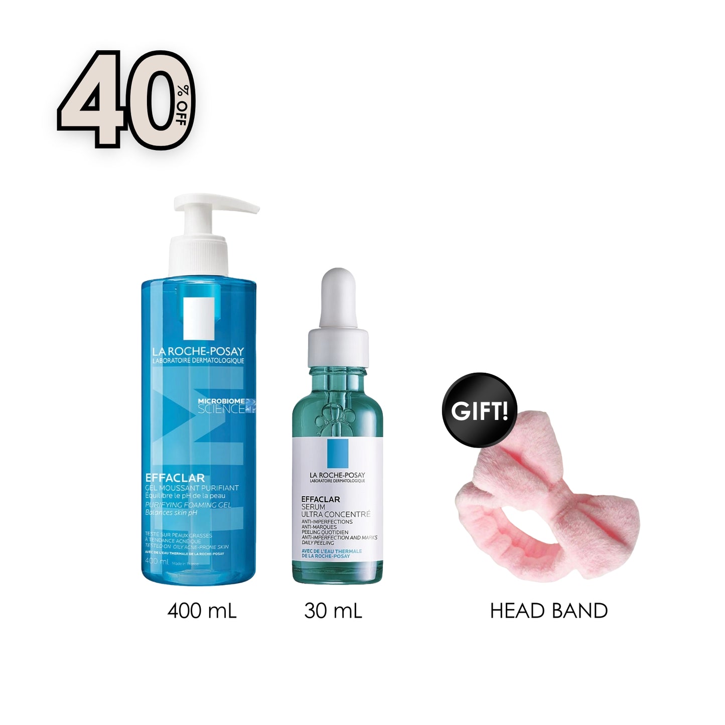 Effaclar Purifying Foaming Gel for Oily Sensitive Skin 400 ml + Effaclar Ultra Concentrated Serum + Free Pink Headband