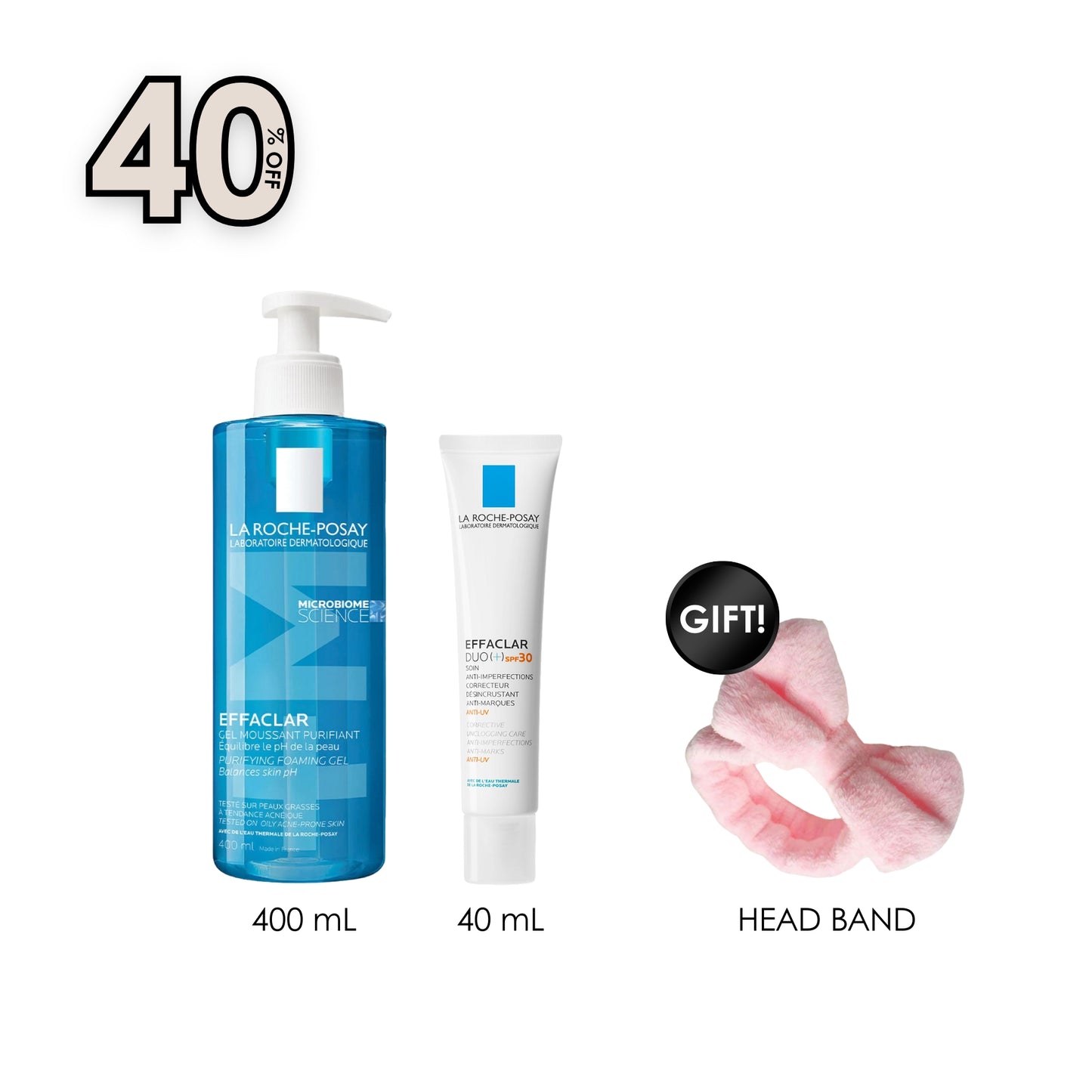 Effaclar Purifying Foaming Gel for Oily Sensitive Skin 400 ml + Effaclar Duo+ SPF30 Acne Treatment Cream for Oily and Acne Prone Skin + Free Pink Headband