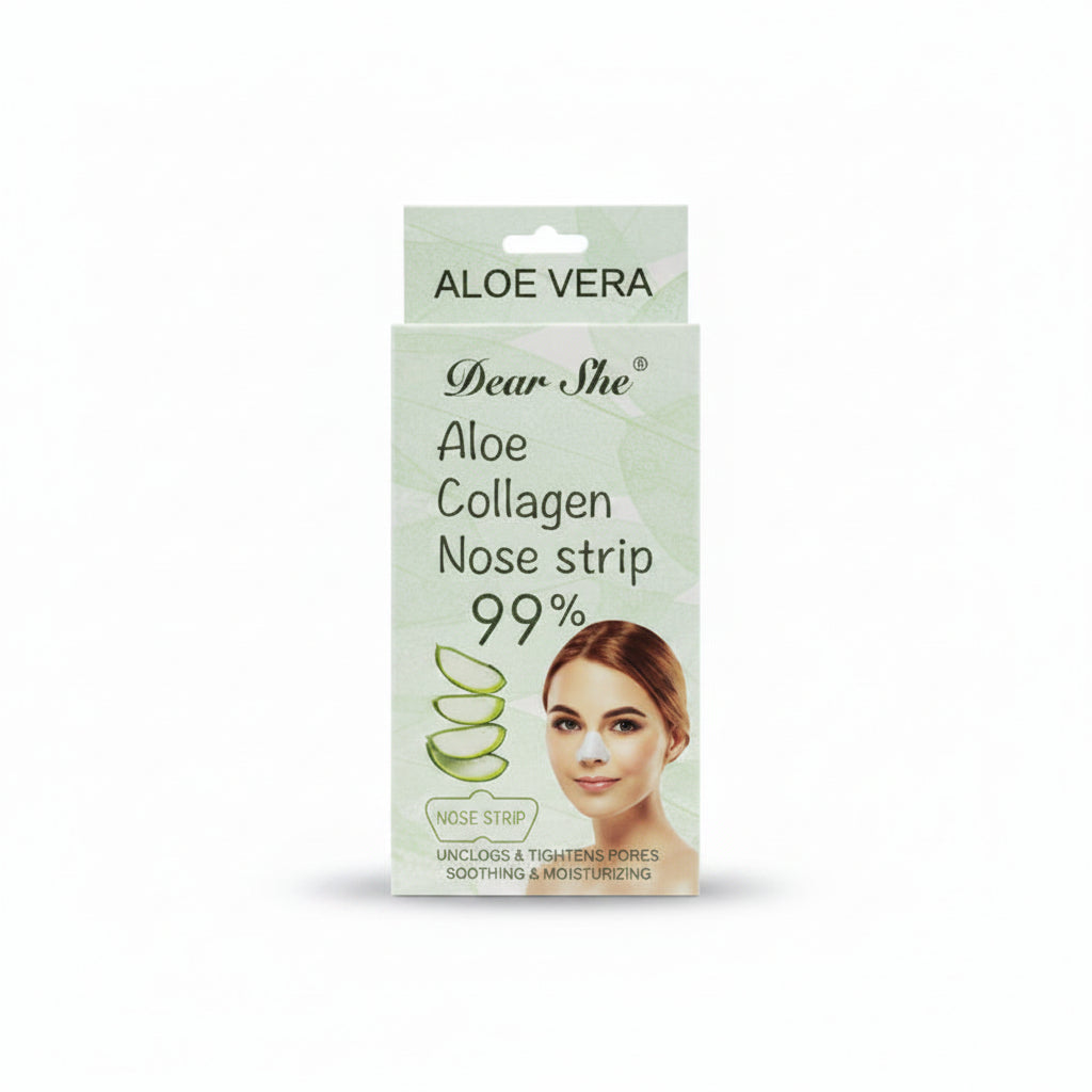 Dear She Aloe Collagen Nose Strip in a light green and white box with '99%' written on the front, featuring an illustration of aloe vera and a woman's face.