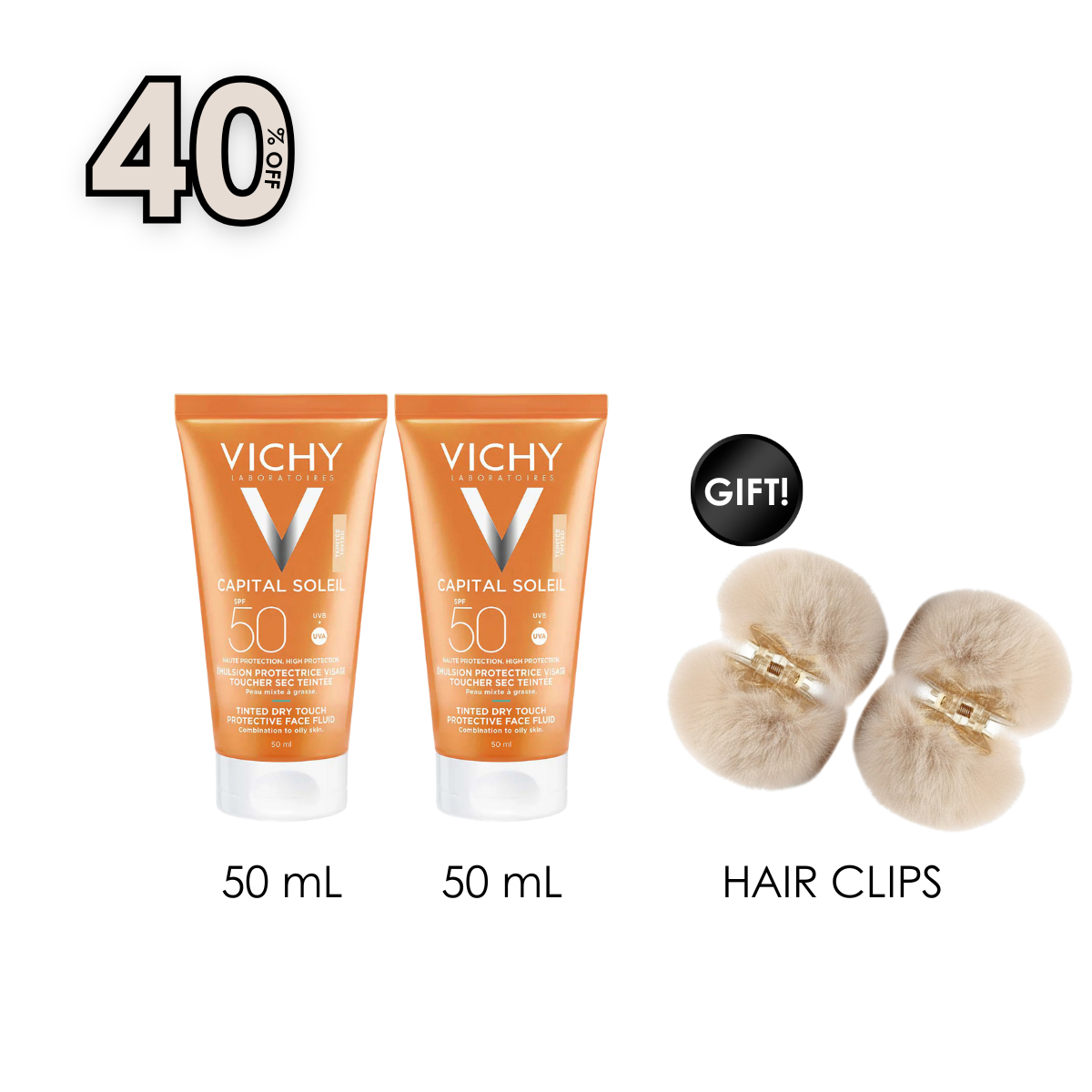 Capital Soleil BB Tinted Dry Touch Face Fluid SPF50+ 50 ML x2 + Free Gift Hair Clips