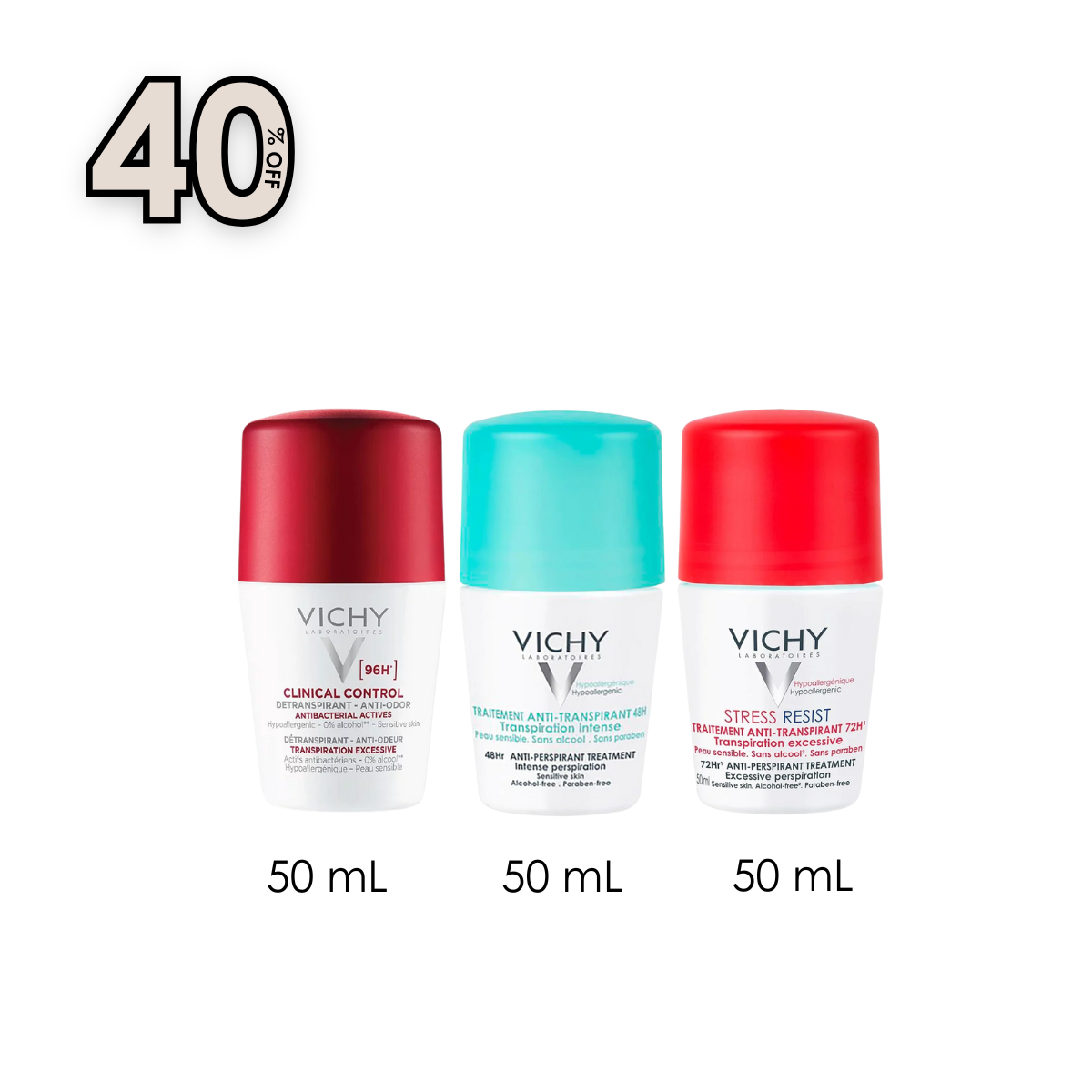 Vichy 96 Hour Clinical Control Deodorant for Women 50 ML + 48-Hour Intensive Anti-Perspirant Treatment Roll-On + Stress Resist Anti-Perspirant Intensive Treatment 72-Hour Roll-On