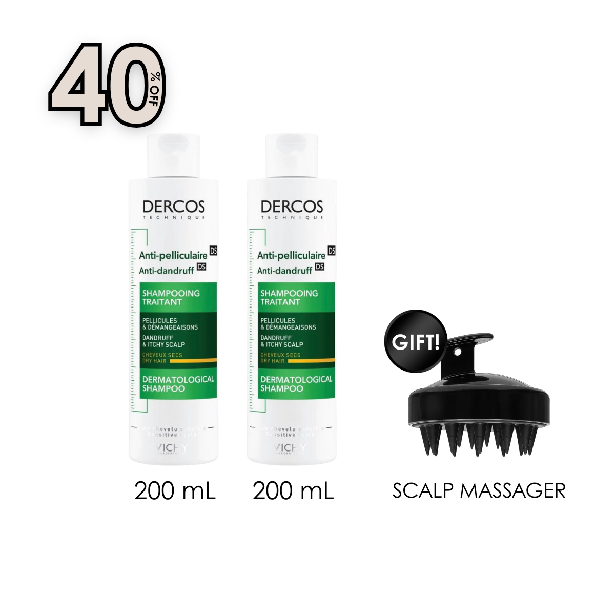Dercos Anti-Dandruff Shampoo for Dry Hair 200 ML + Free Gift Hand-Held Scalp Massager
