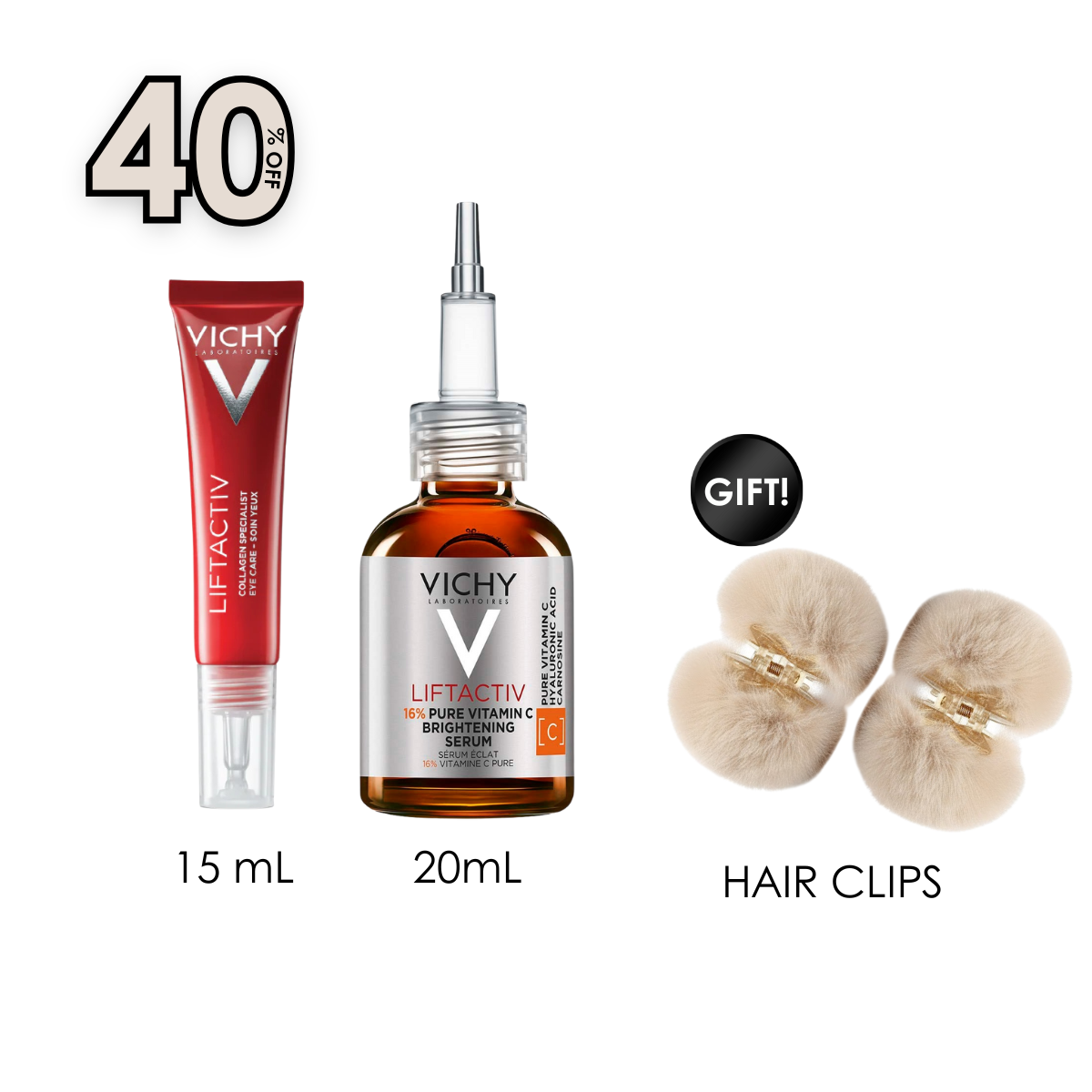 Liftactiv Collagen Specialist Eye Care Cream Anti-Ageing 15 ML + Liftactiv Vitamin C Brightening Skin Corrector Serum 20 ML + Free Gift Hair Clips