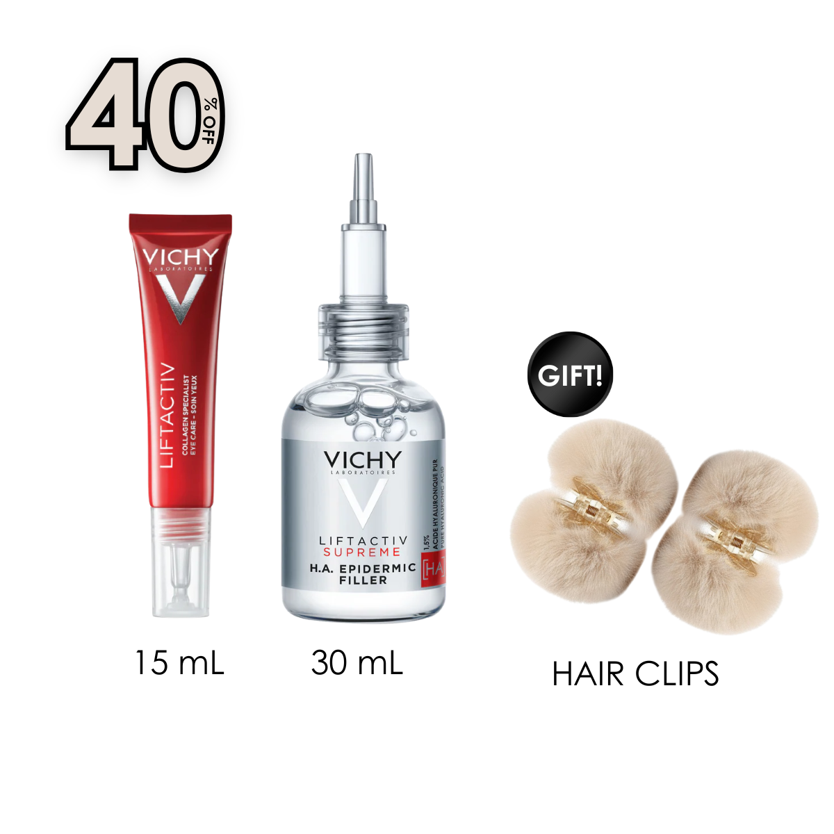 Liftactiv Collagen Specialist Eye Care Cream Anti-Ageing 15 ML + Liftactiv H.A Epidermic Filler 30 ML + Free Gift Hair Clips