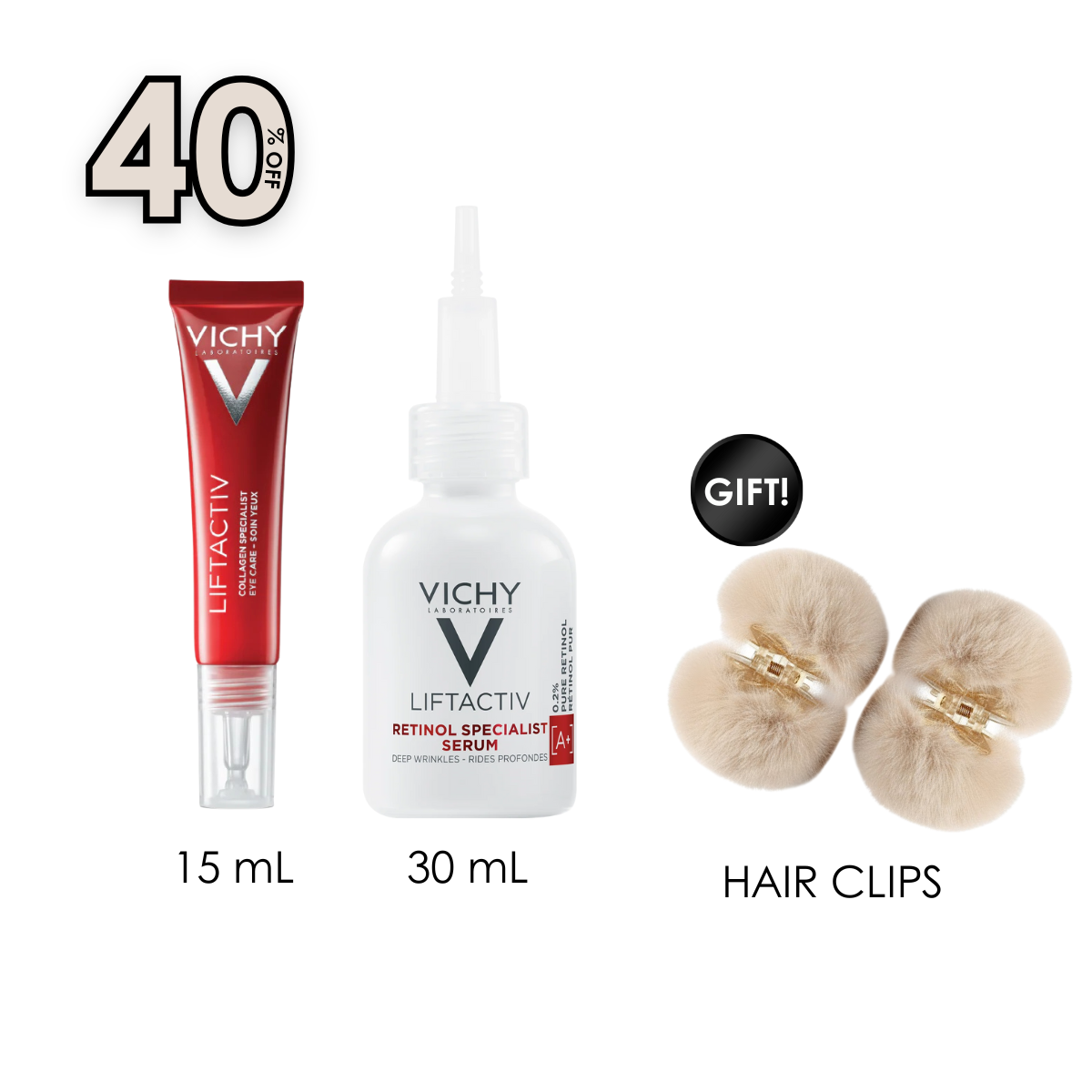 Liftactiv Collagen Specialist Eye Care Cream Anti-Ageing 15 ML + Liftactiv H.A Epidermic Filler 30 ML + Free Gift Hair Clips